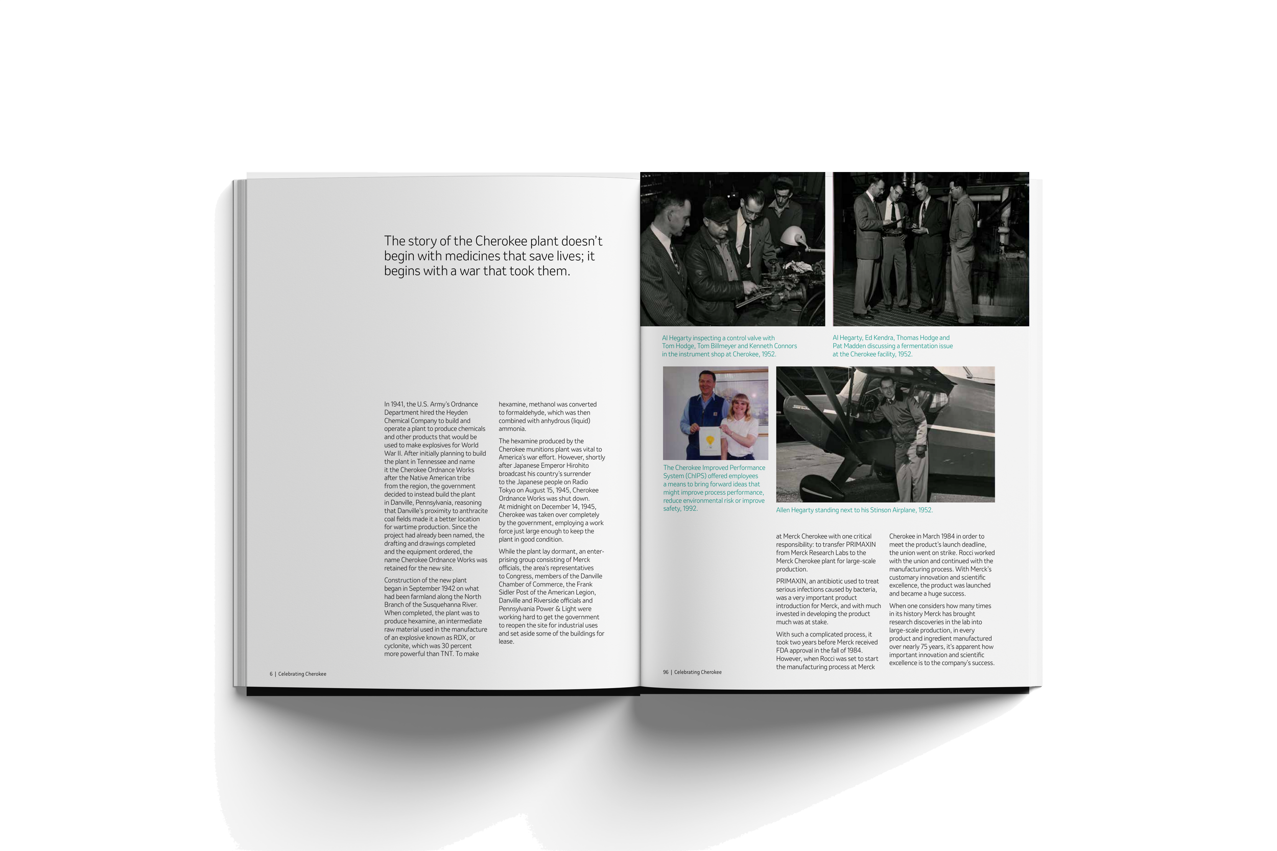 Open book with text and black-and-white photos of people inspecting machinery, discussing at a facility, and working with an aircraft, related to Cherokee plant history in 1952 and 1954.