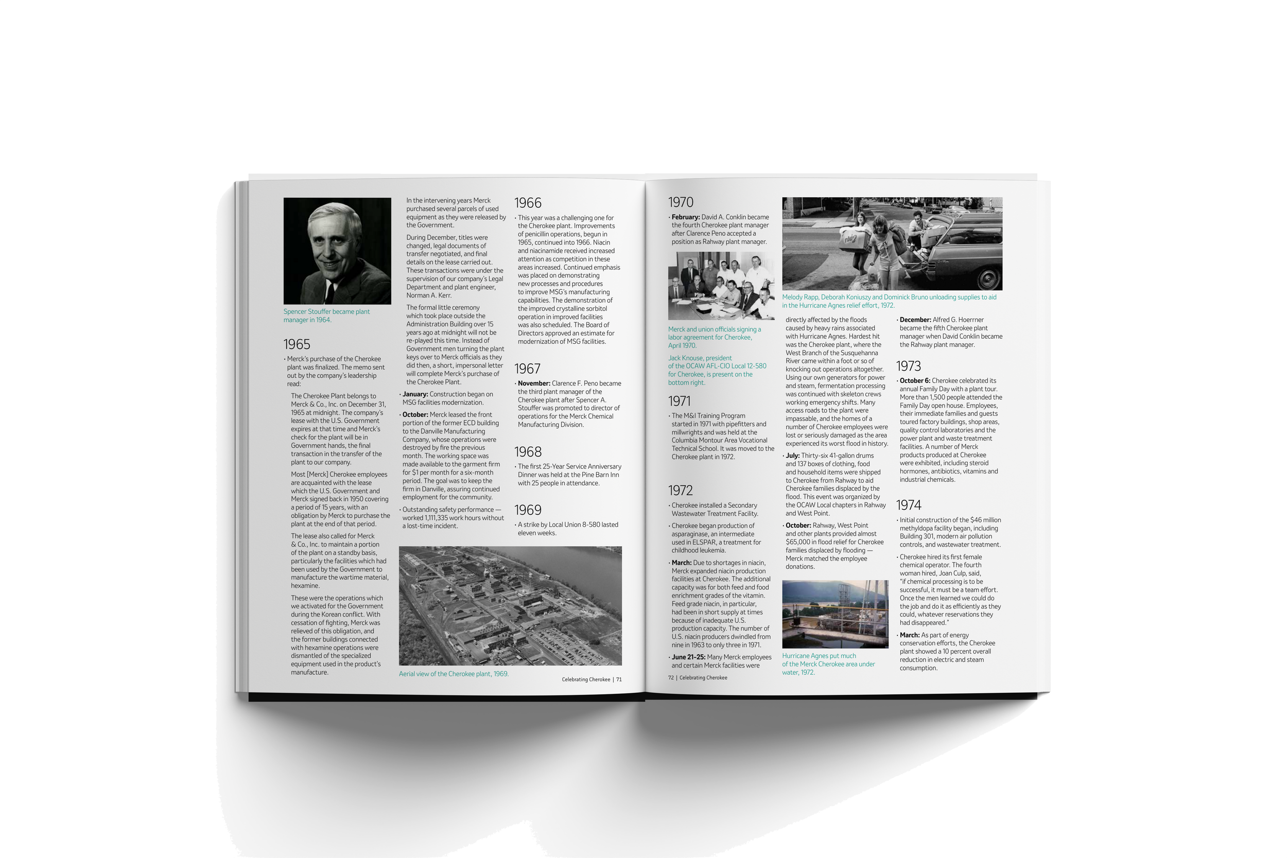 Open magazine displaying historical articles and photos about Cherokee plant management from 1965 to 1974, including a portrait of Spencer Stouffer and black-and-white photos of people and the Cherokee plant.