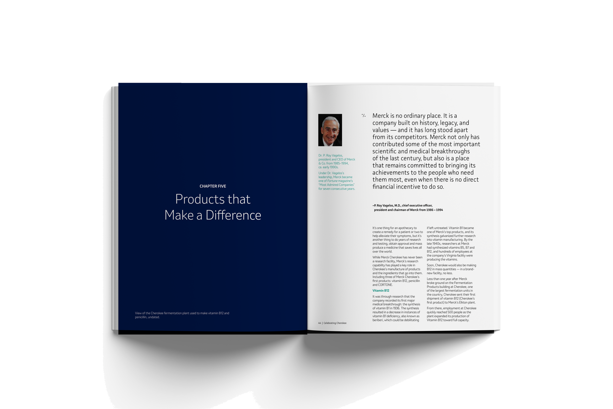 Open book with chapter titled "Products that Make a Difference" and a page with text, including a photograph of a man on the top left of the right page, with a brief biography beneath the photo.