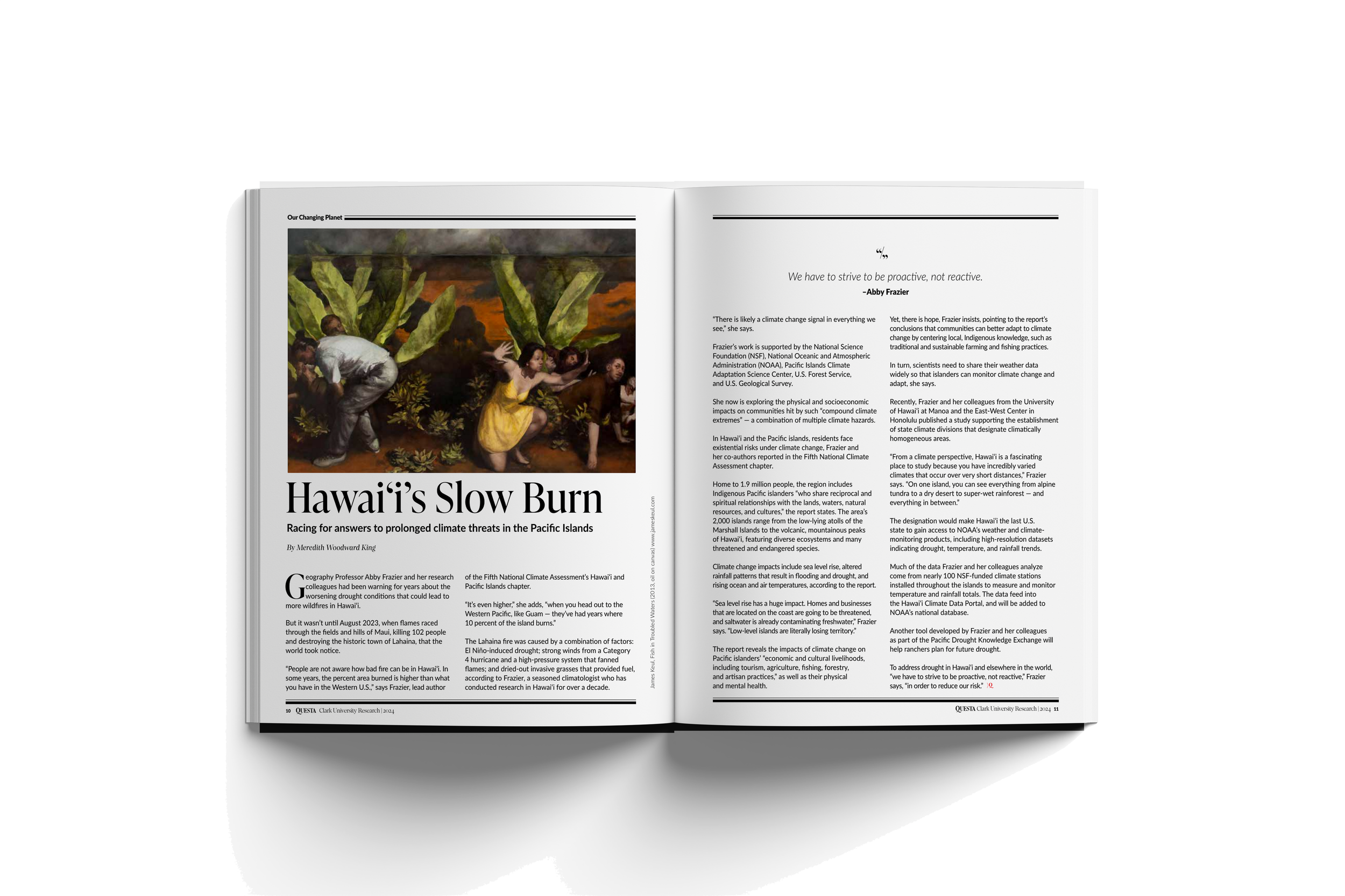 Open magazine opened to article titled 'Hawaii's Slow Burn' with a photo of people planting or working on a farm, surrounded by large green plants, possibly cacti, with a sunset or sunrise in the background.