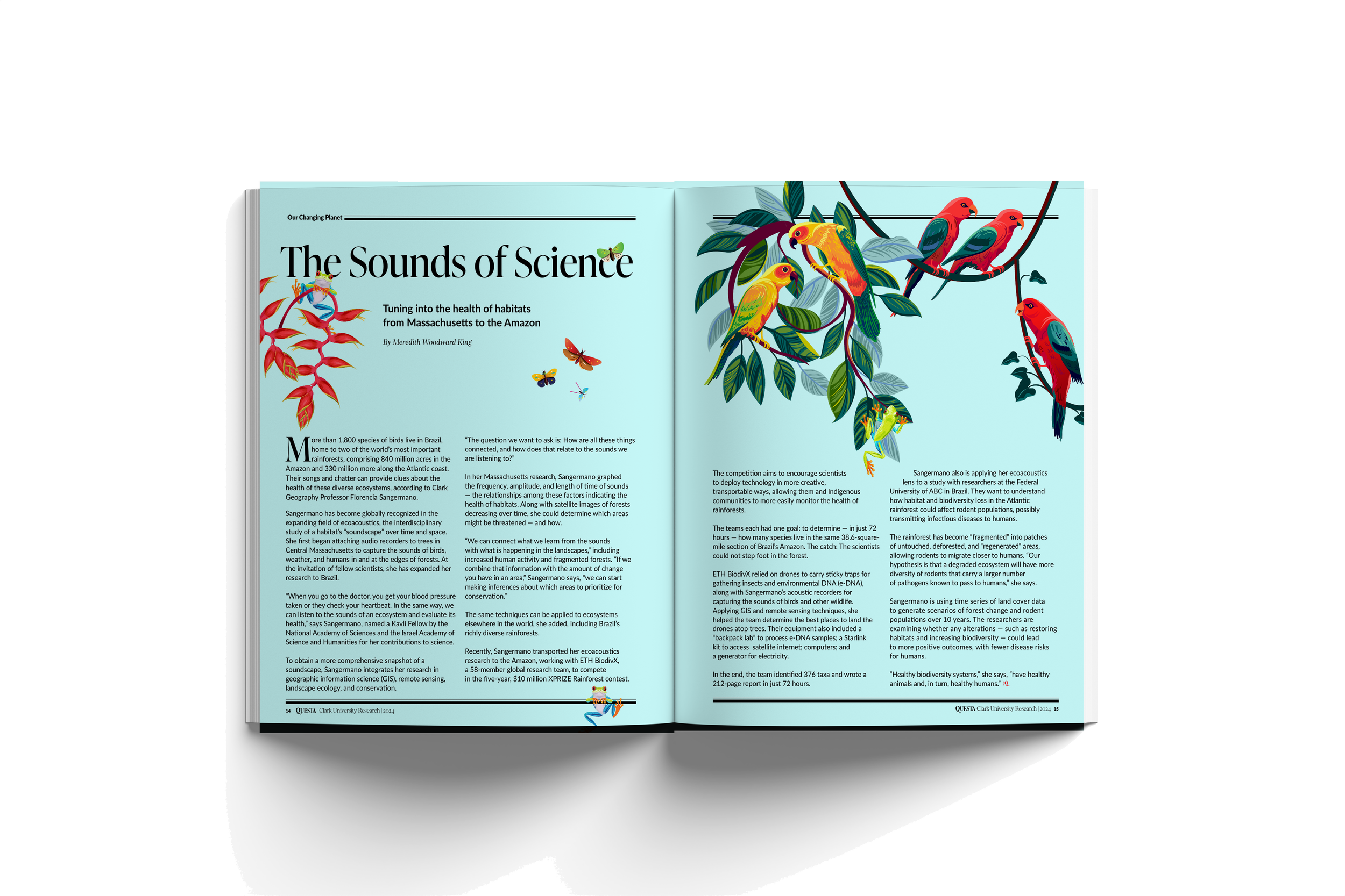 Open magazine spread titled 'The Sounds of Science' featuring colorful illustrated parrots and other birds on green foliage, with article text about bird species and ecosystems.