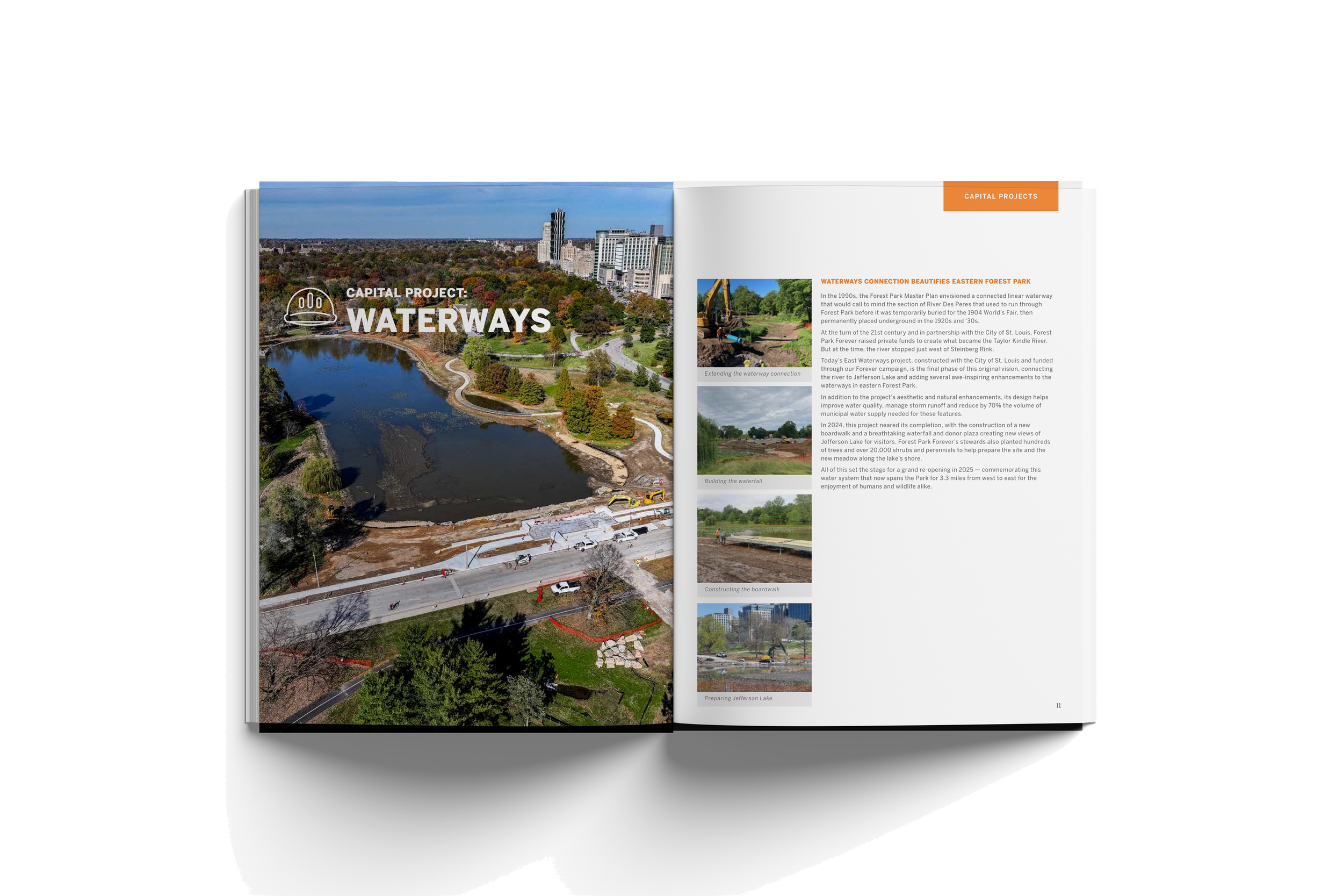 Open book showing aerial view of a park with water, trees, pathways, and construction activities, titled 'Capital Project: Waterways', with text and smaller images on the right page.