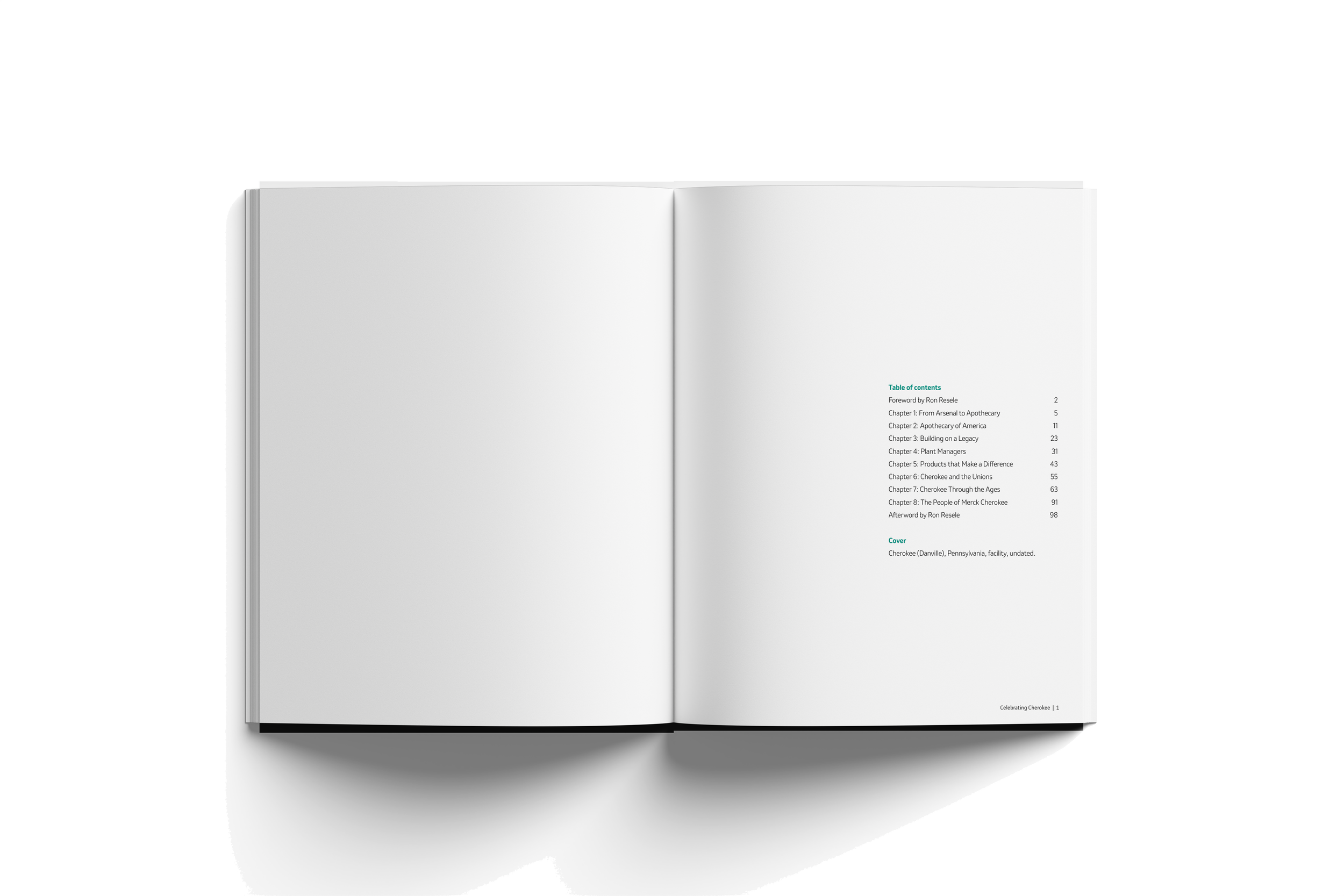 Open book displaying the table of contents page with chapters listed and a brief description of Cherokee history and facilities.