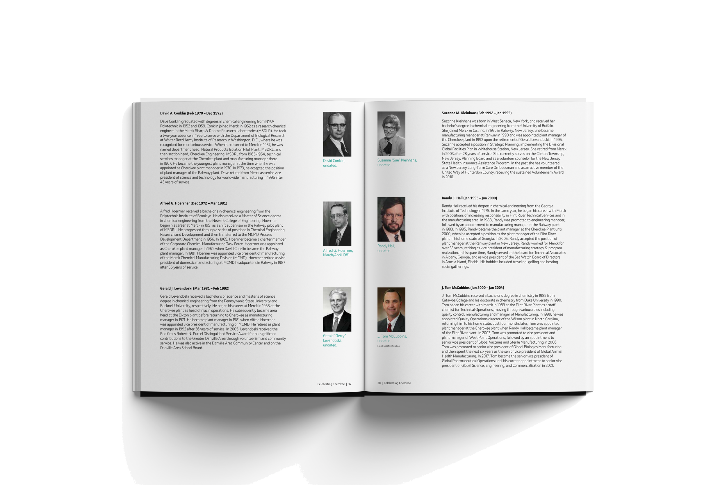 Open magazine displaying biographies and photos of several individuals, including David Conklin, Suzanne Kleinhan, Alfred G. Hoechner, Randy Hall, Gerald G. Levandoski, and J. Tom McCubbins, on a neutral background.