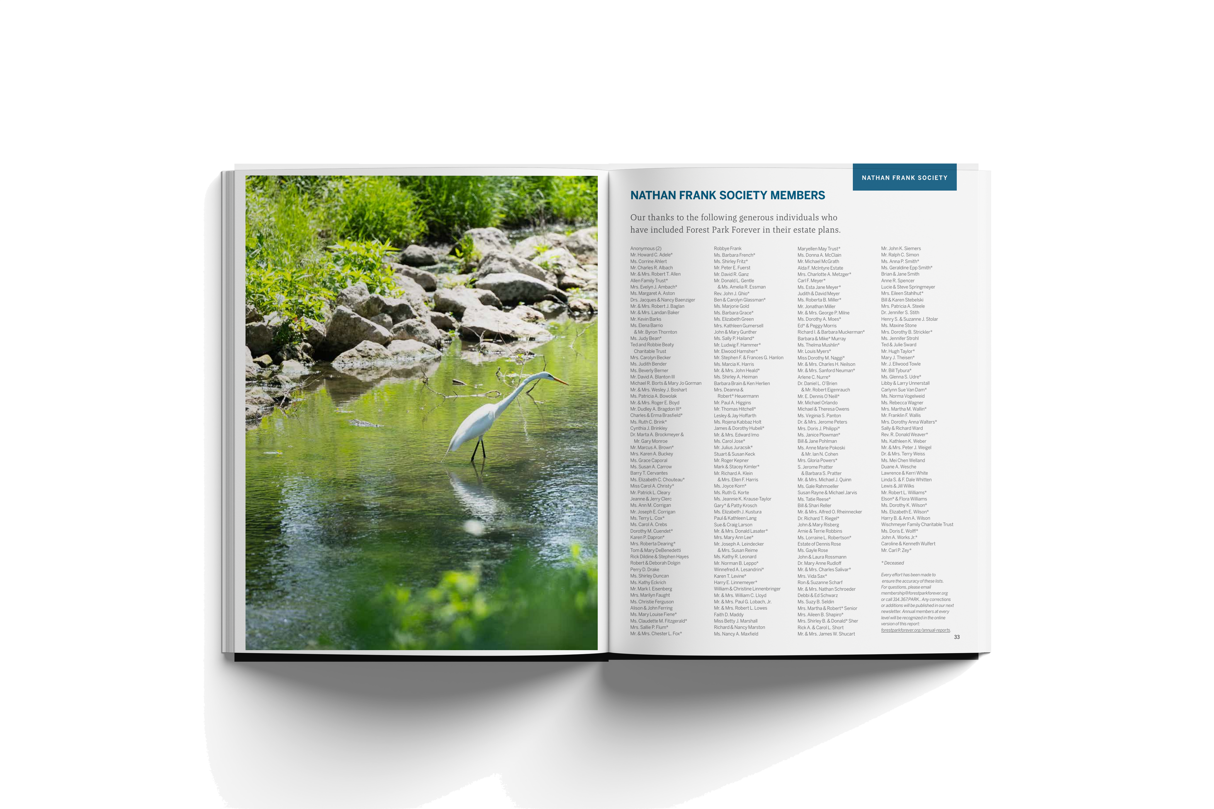 Open magazine showing a photograph of a heron standing in a stream on the left page and a list of names on the right page.