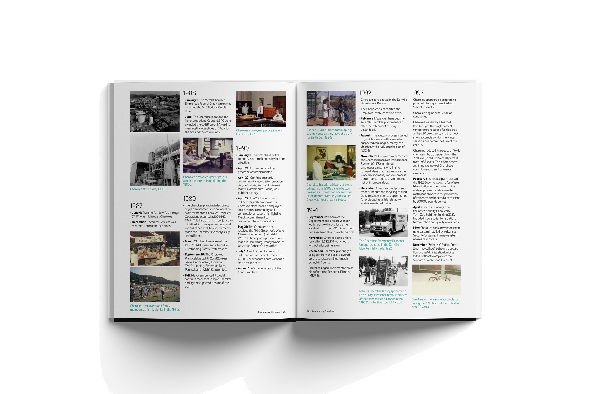 Open magazine featuring chronological history of Cherokee, with photos of people, events, and structures, including Cherokee employees, structures from 1980s, and community activities from 1987 to 1993.