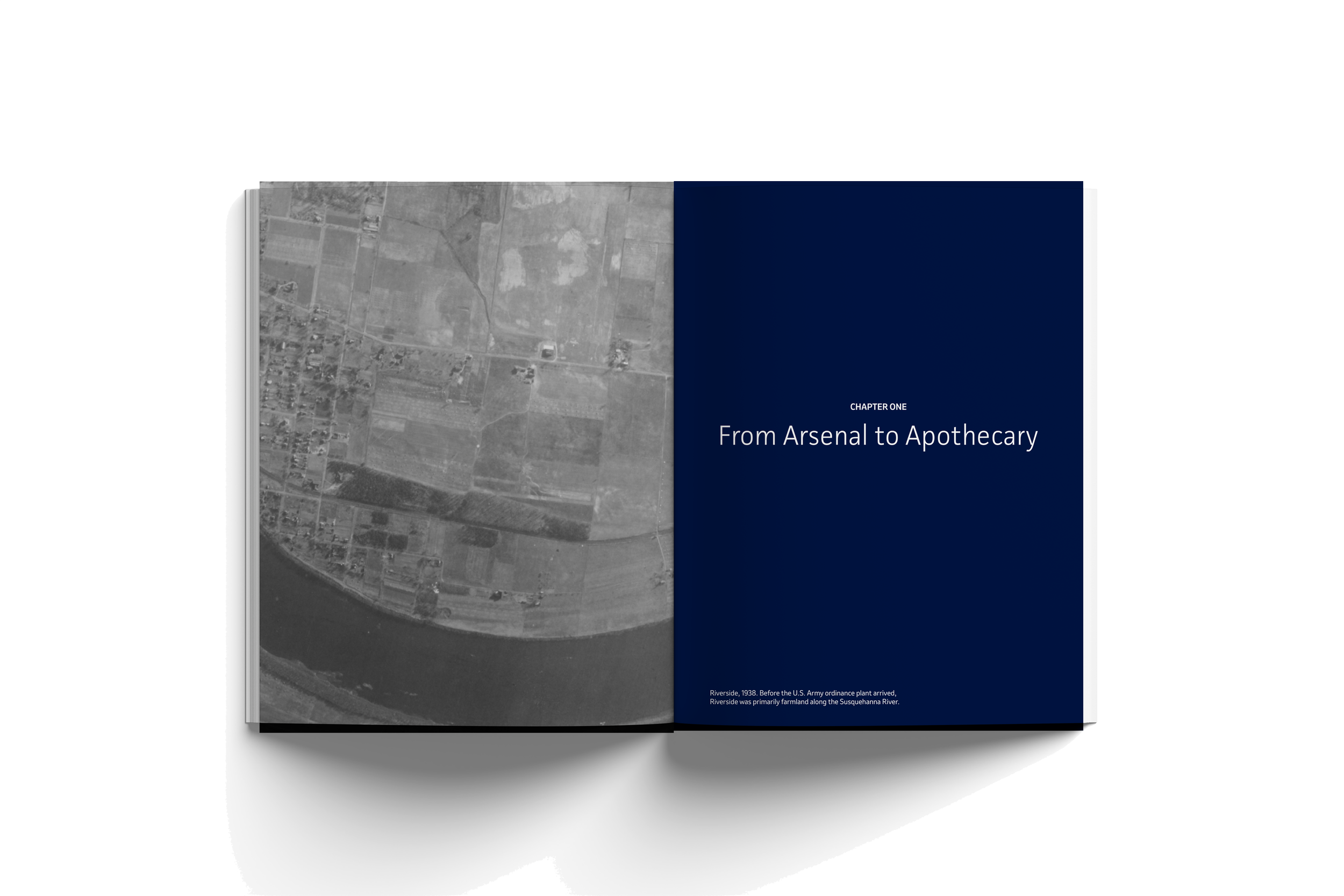 Open book showing chapter one titled "From Arsenal to Apothecary" with a black and white aerial photograph of Riverside, 1938, at the start of the chapter.