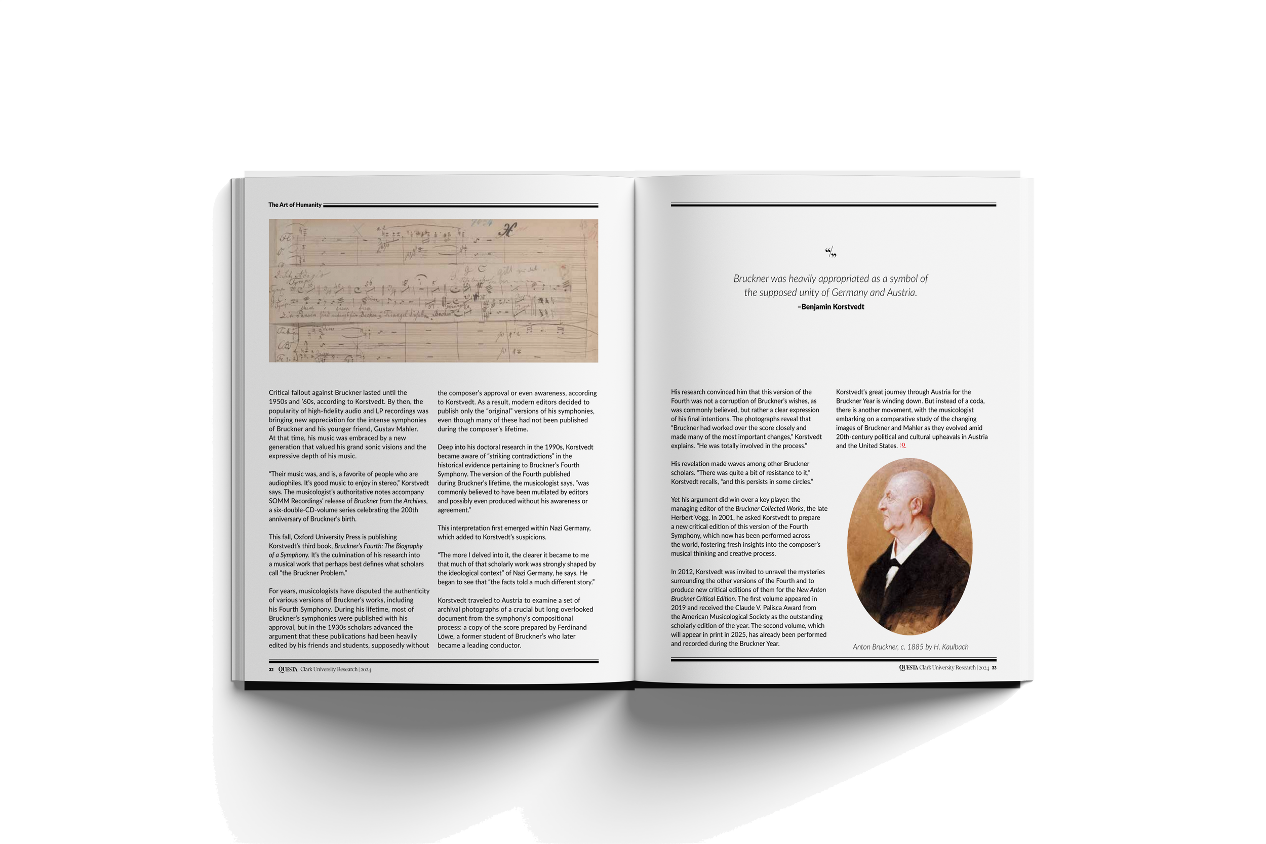 Open book displaying text about music composer Anton Bruckner, with a picture of him on the right page.