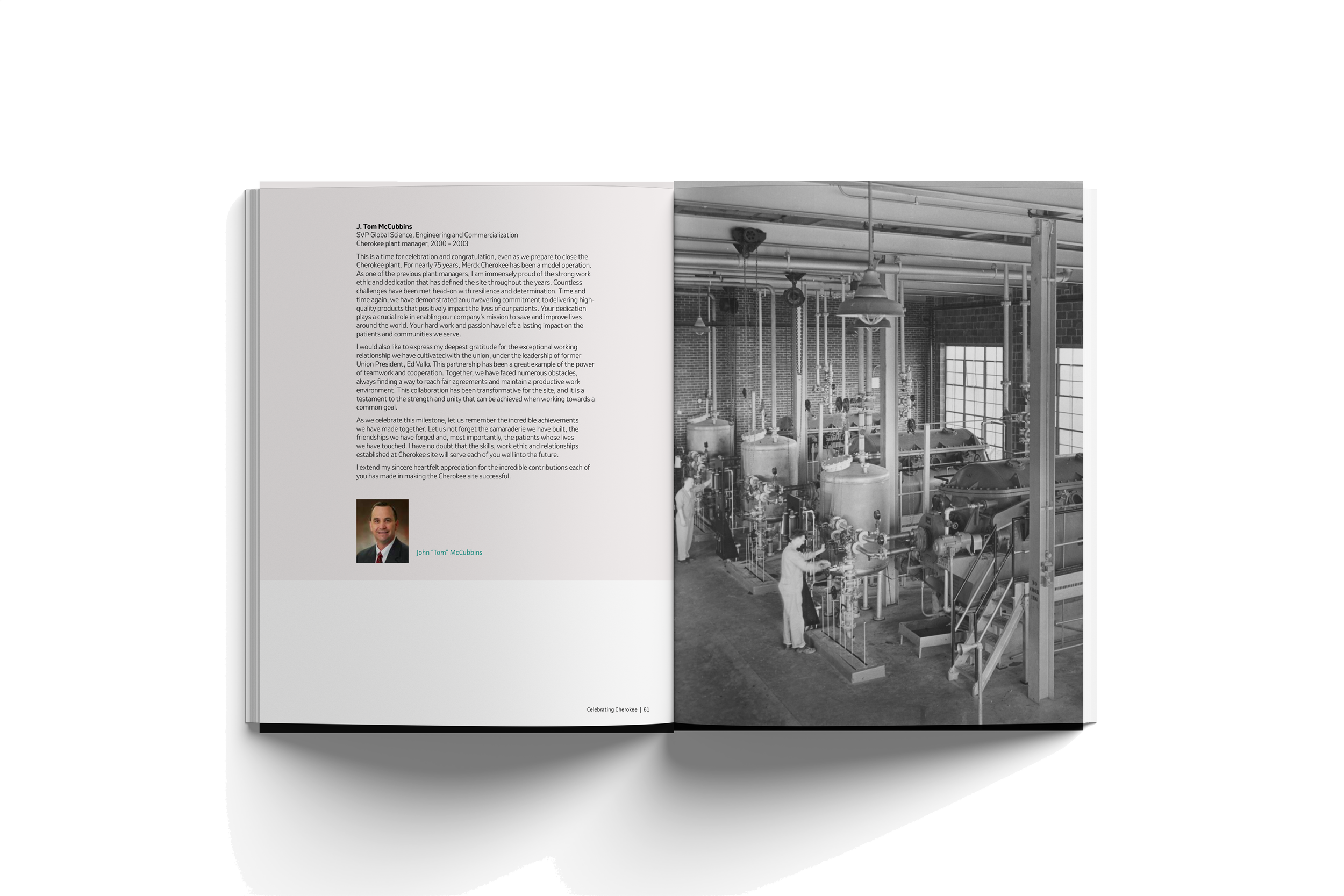 Open book showing a page with a biography and photo of J. Tom McCubbins on the left and a black-and-white photo of an early 20th-century industrial factory with machinery and workers on the right.