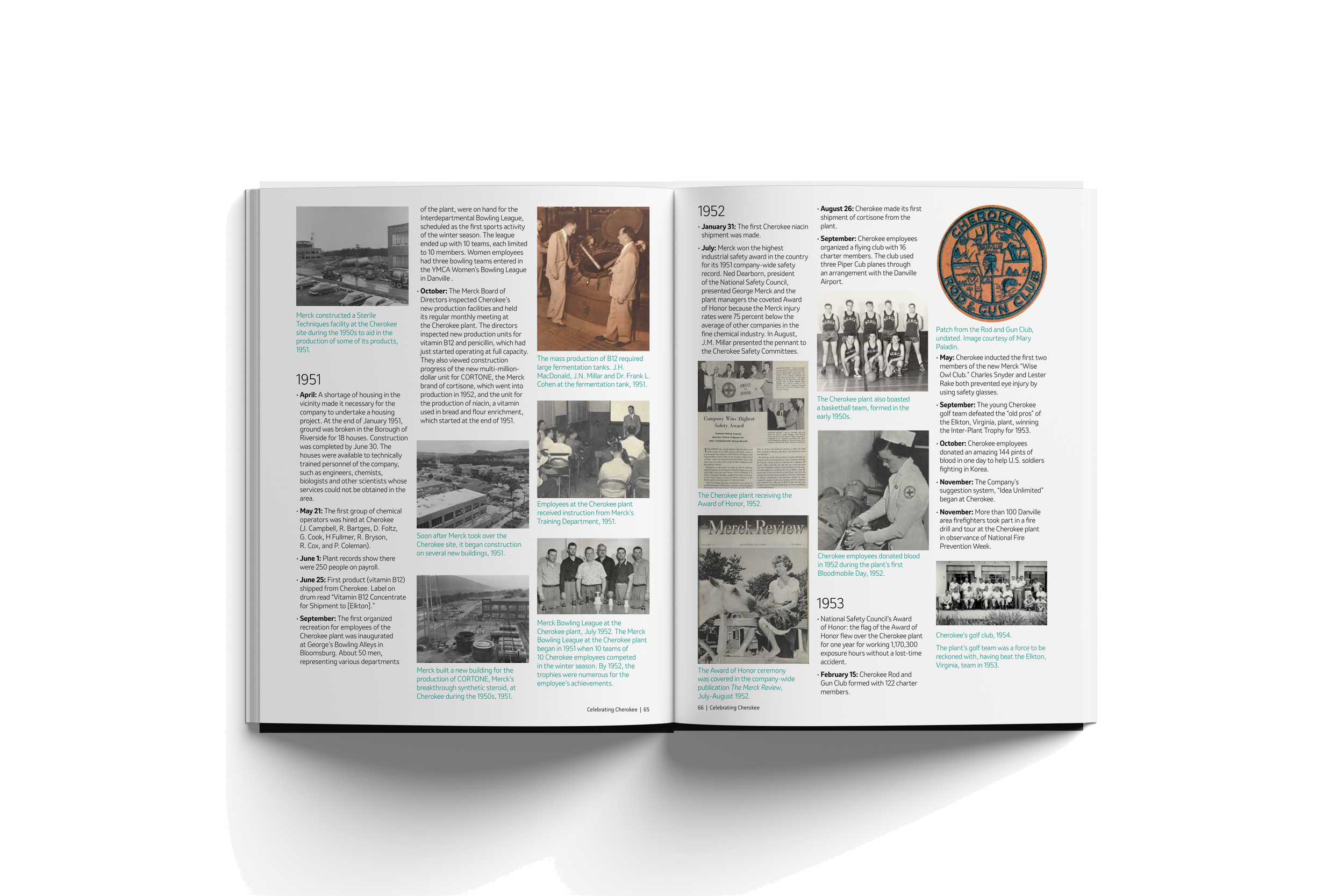 An open magazine spread featuring historical images and text about the Cherokee Nation's history from 1951 to 1953, including photos of Cherokee people, awards, and construction projects.