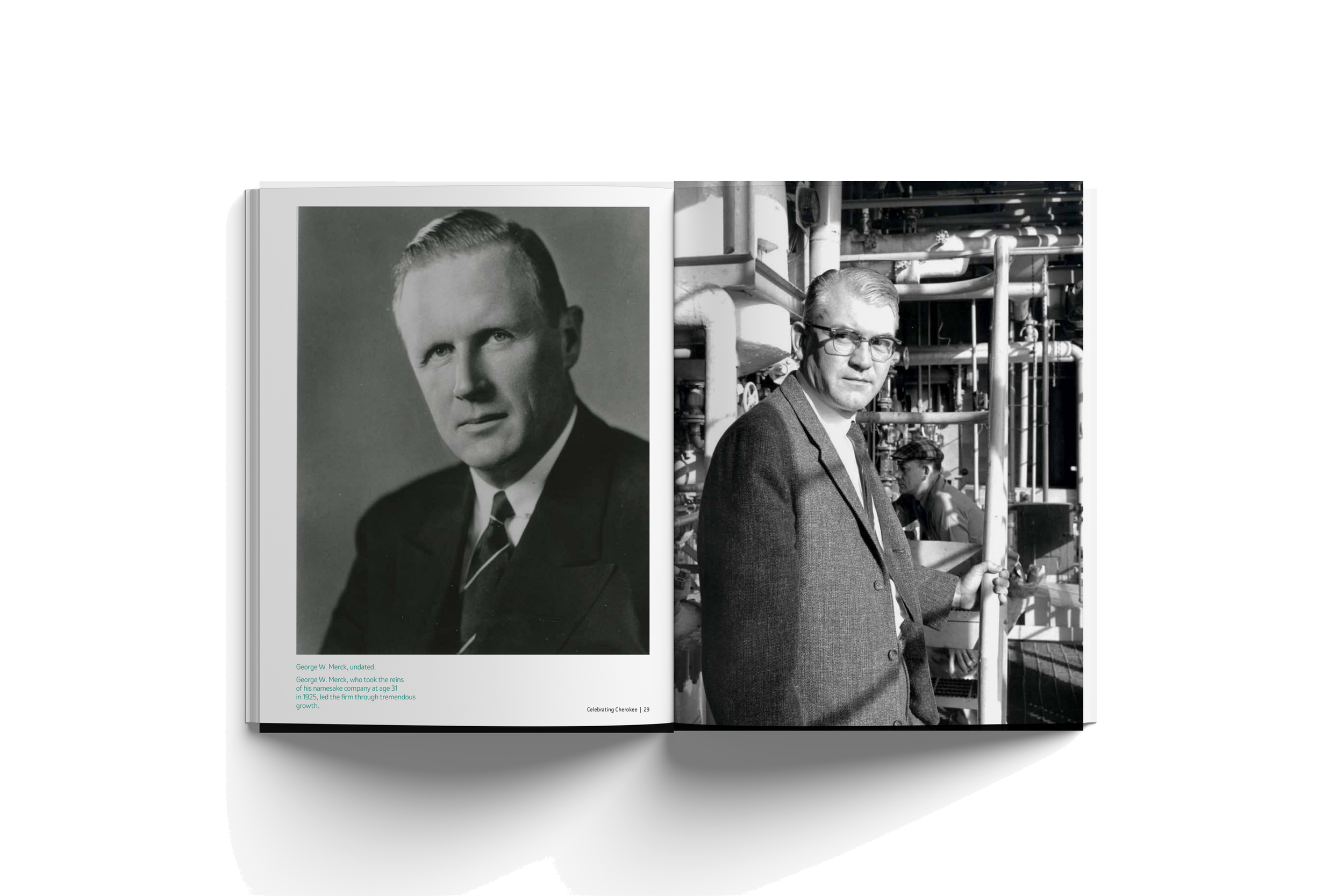 An open book shows a black-and-white portrait of a man in formal attire on the left page and a black-and-white photo of a man in glasses and a suit in an industrial setting on the right page.