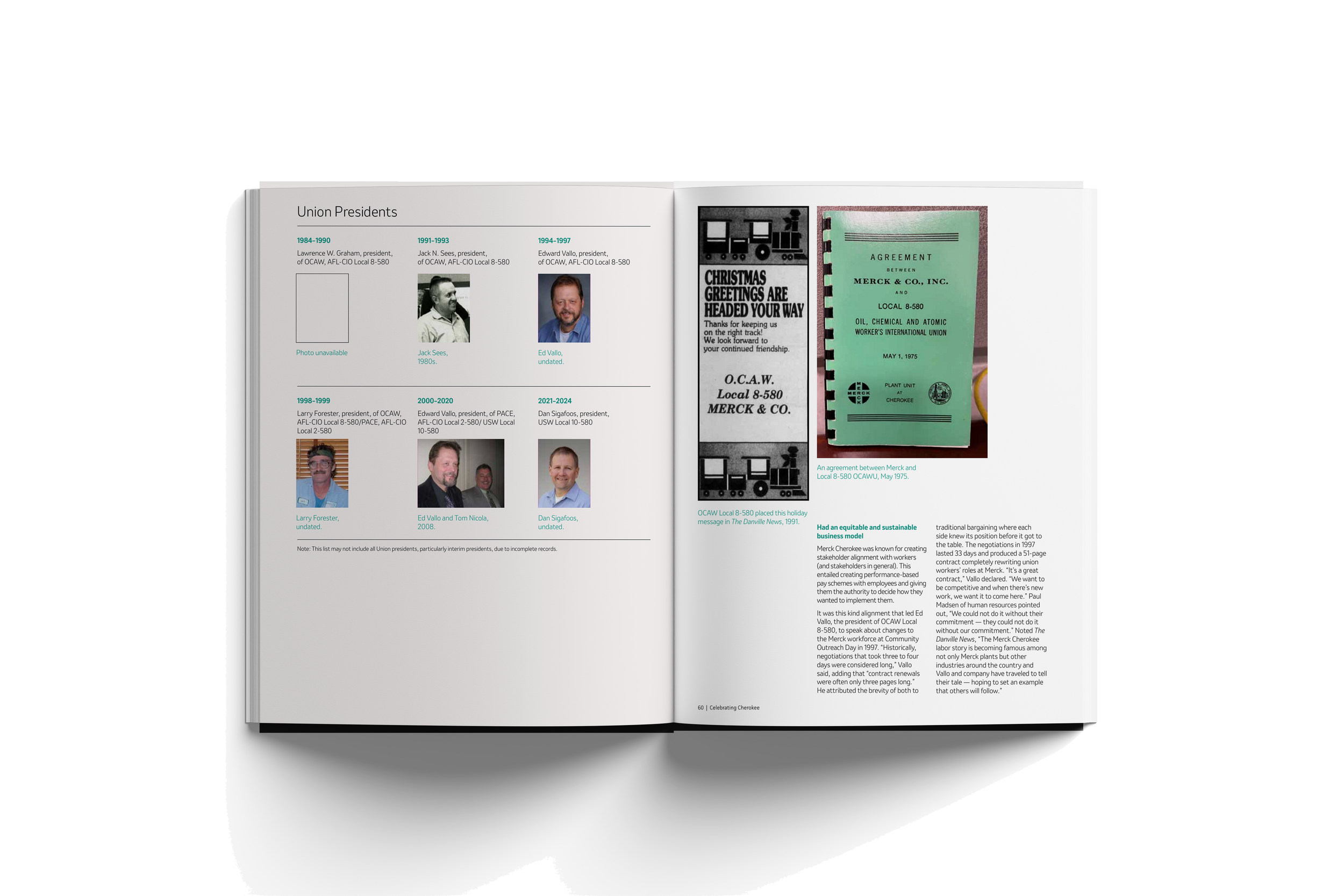 Open magazine showing a timeline of union presidents on the left page and a black-and-white graphic with text about Christmas greetings and an agreement between Merck and Local 8-580 on the right page.