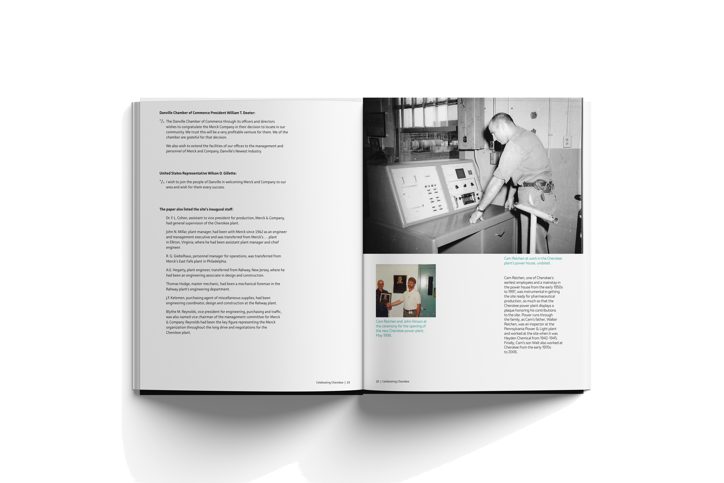 Open magazine with black and white photo of a man working with machinery and a small colored photo of two men, one in a white shirt and one in a dark shirt, at a ceremony. Text about Cherokee power plant history and personnel.