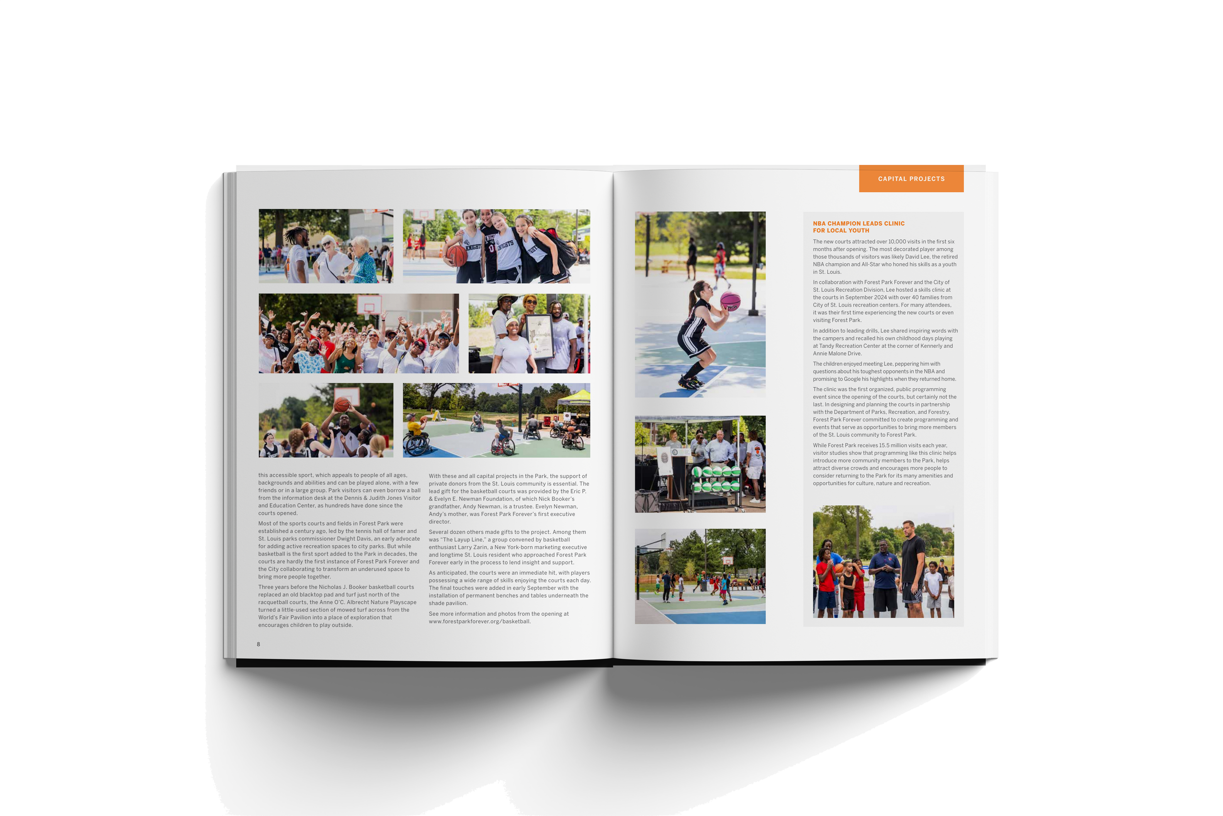 Open magazine showing photos of children playing basketball, people at a community event, and outdoor activities in nature.