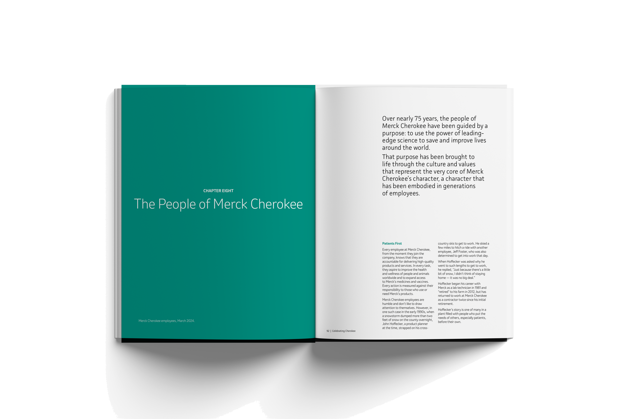 Open book showing chapter title 'The People of Merck Cherokee' on teal background page, with text of the chapter on the opposite page.
