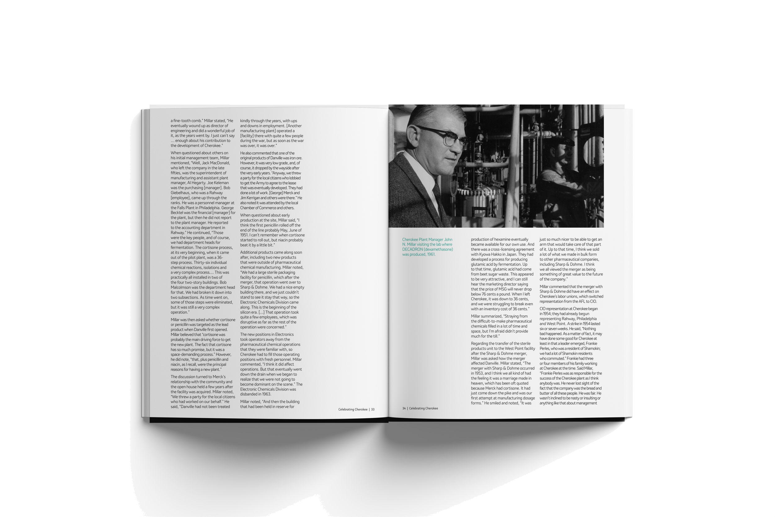 Open magazine spread with black and white photo of a man in glasses working in a lab on the right page, and text on both pages.