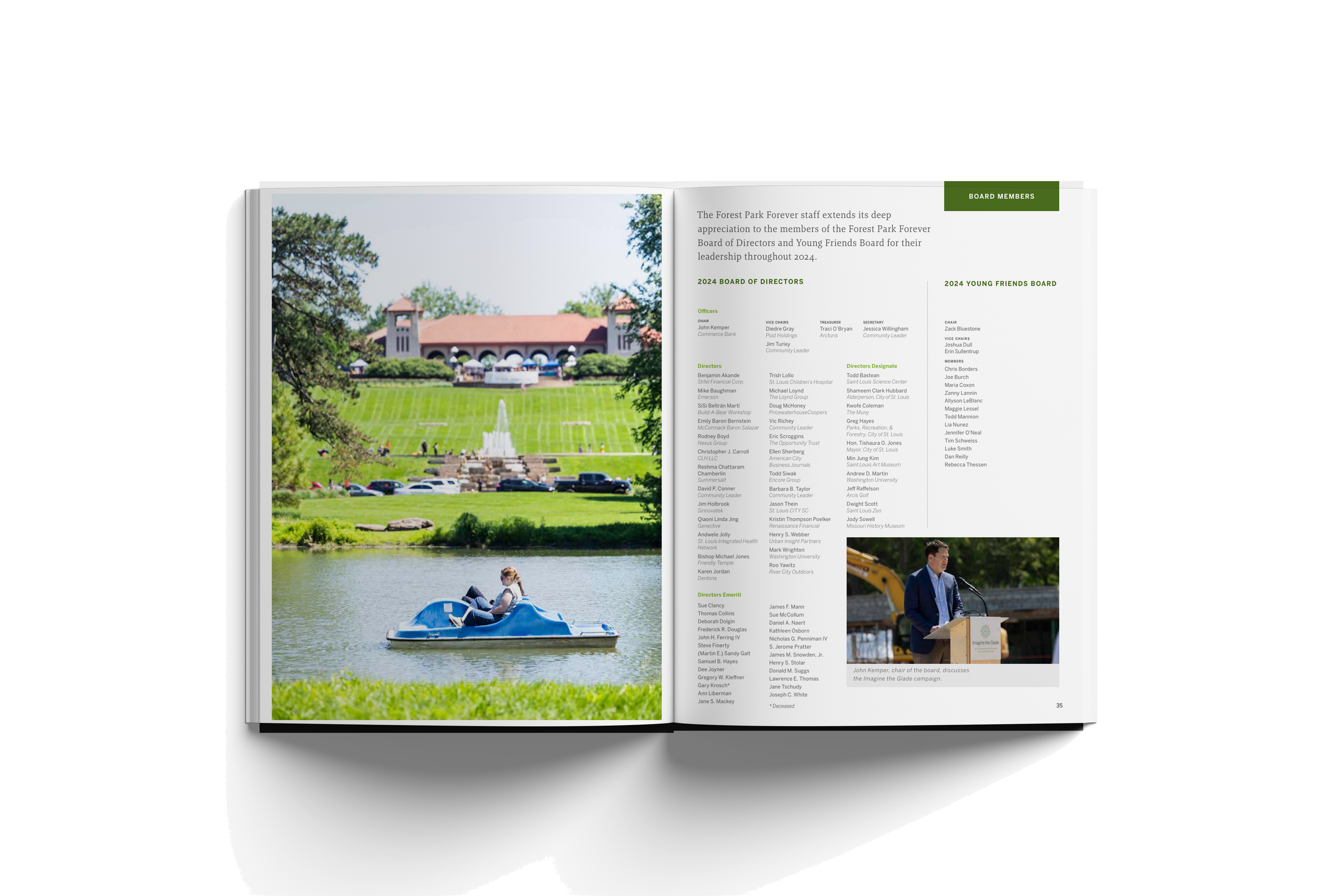Open magazine with a large photo of a park scene on the left page, showing a pond with a person paddle boating and a grassy hillside with a monument and building in the background. The right page contains text about board members and a small photo of