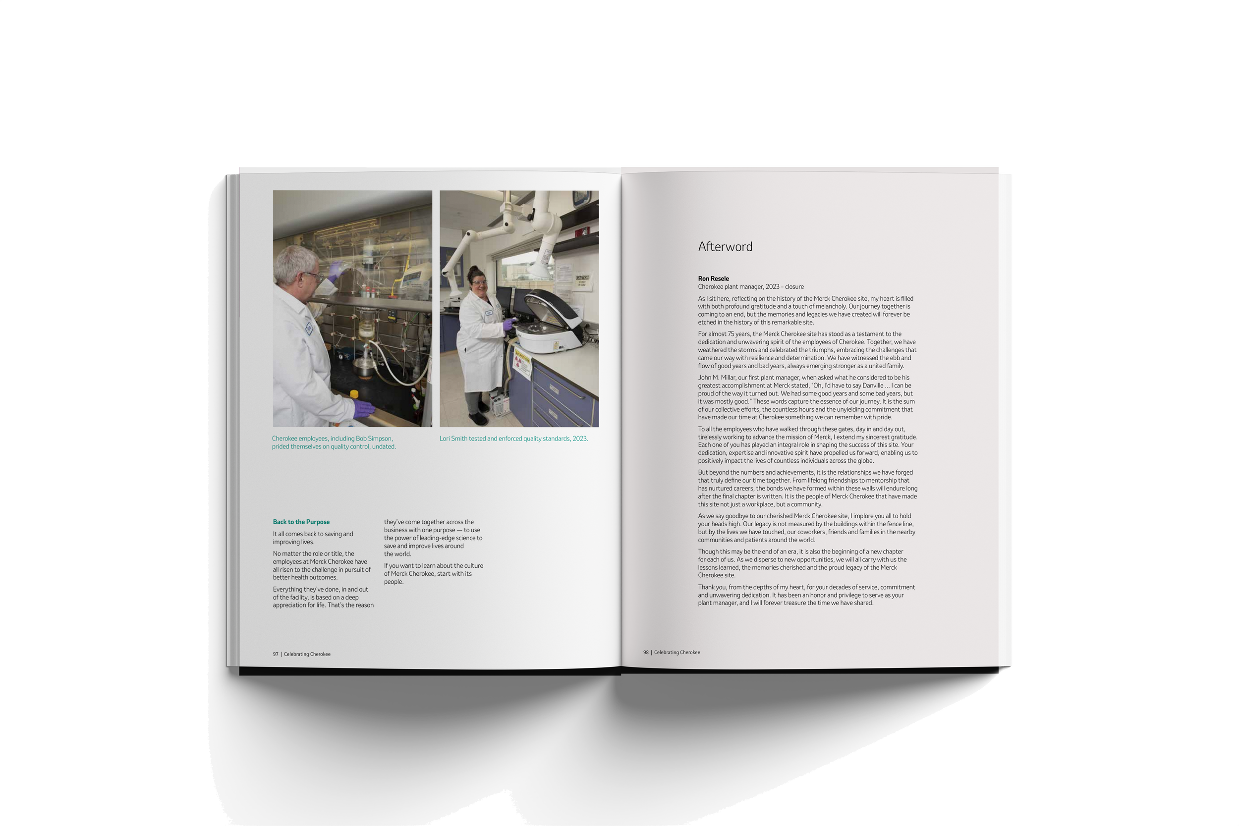 Open book showing a two-page spread. The left page contains two photos of Cherokee employees working in a laboratory, with one wearing a white coat and gloves, and the other using a microscope. The right page has text titled 'Afterword' with a messag