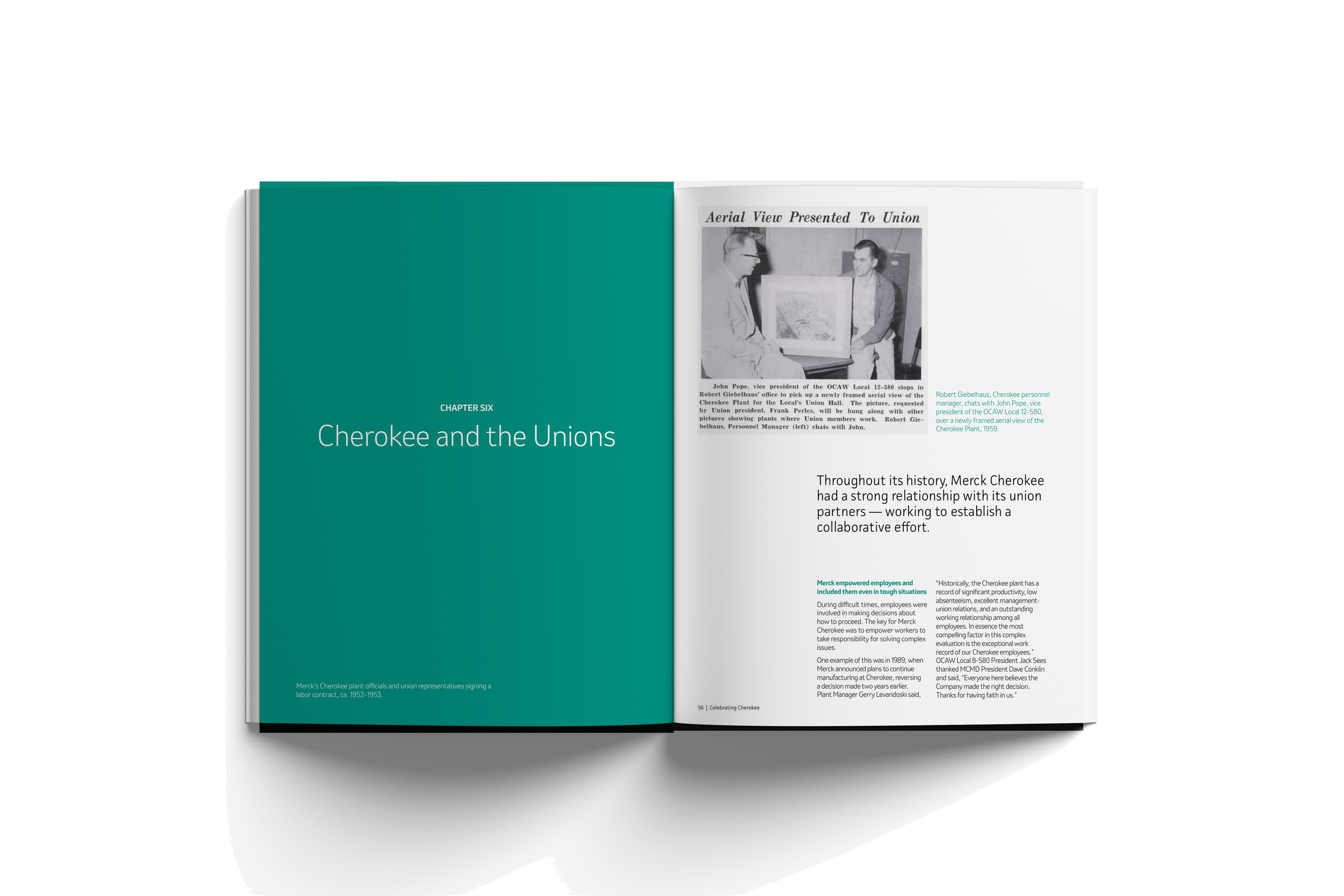 Open book showing a chapter titled "Cherokee and the Unions" with a black-and-white photo of two men at a desk, one pointing to a framed aerial view, and accompanying text discussing the relationship between Merck Cherokee and its union partners.