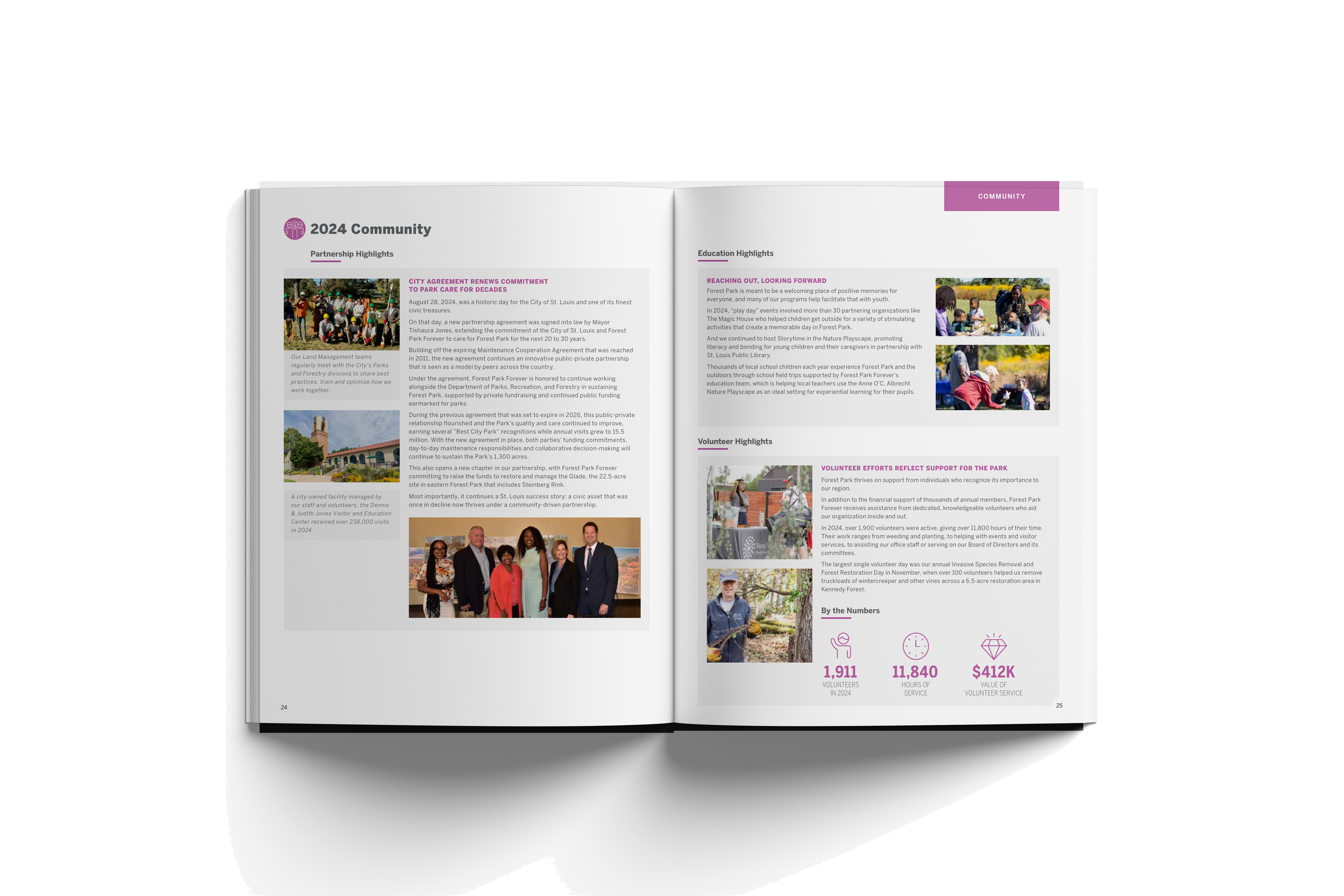 Open book displaying a 2024 community report with text, images, and icons on pages 24 and 25.
