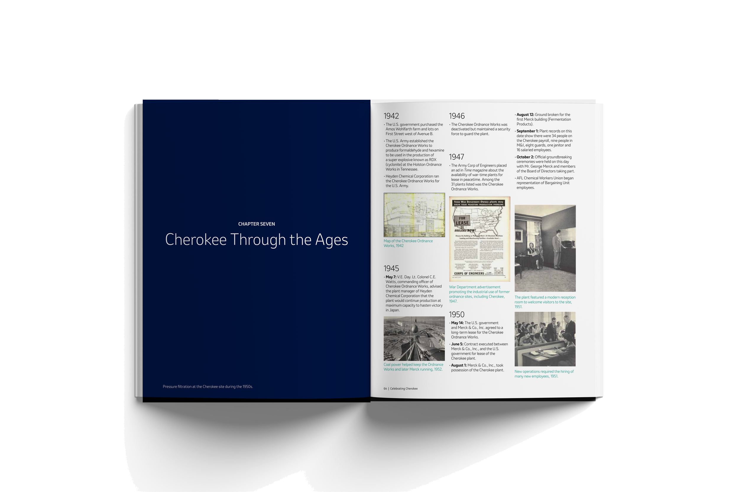 Open book with chapter titled 'Cherokee Through the Ages' and a timeline of historical events about Cherokee history from 1942 to 1951, including photographs of old documents, people, and buildings.
