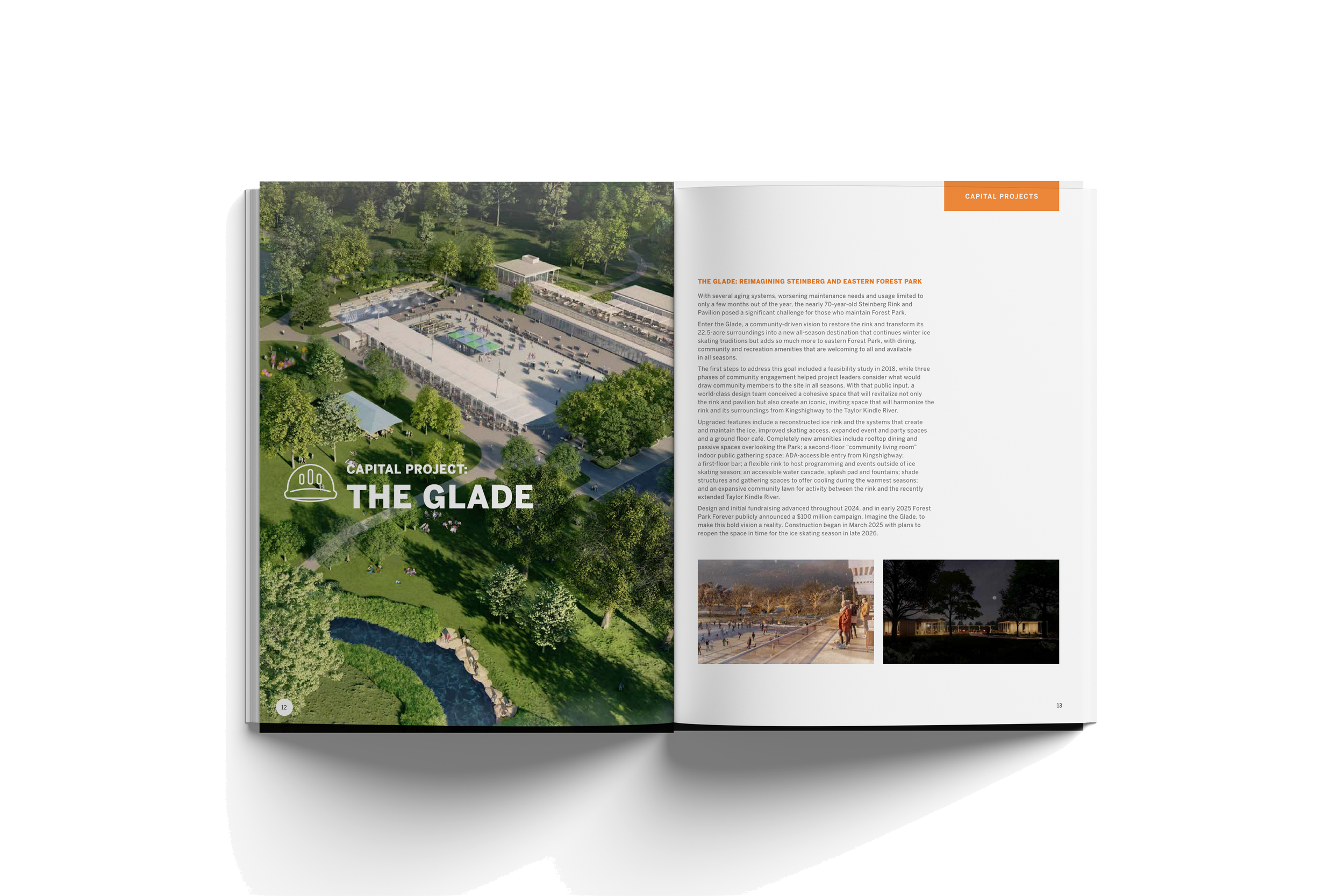 Open magazine with aerial image of a sports complex surrounded by trees and grass, titled 'Capital Project: The Glade,' with text describing the project and smaller images of the facility at night and during the day.