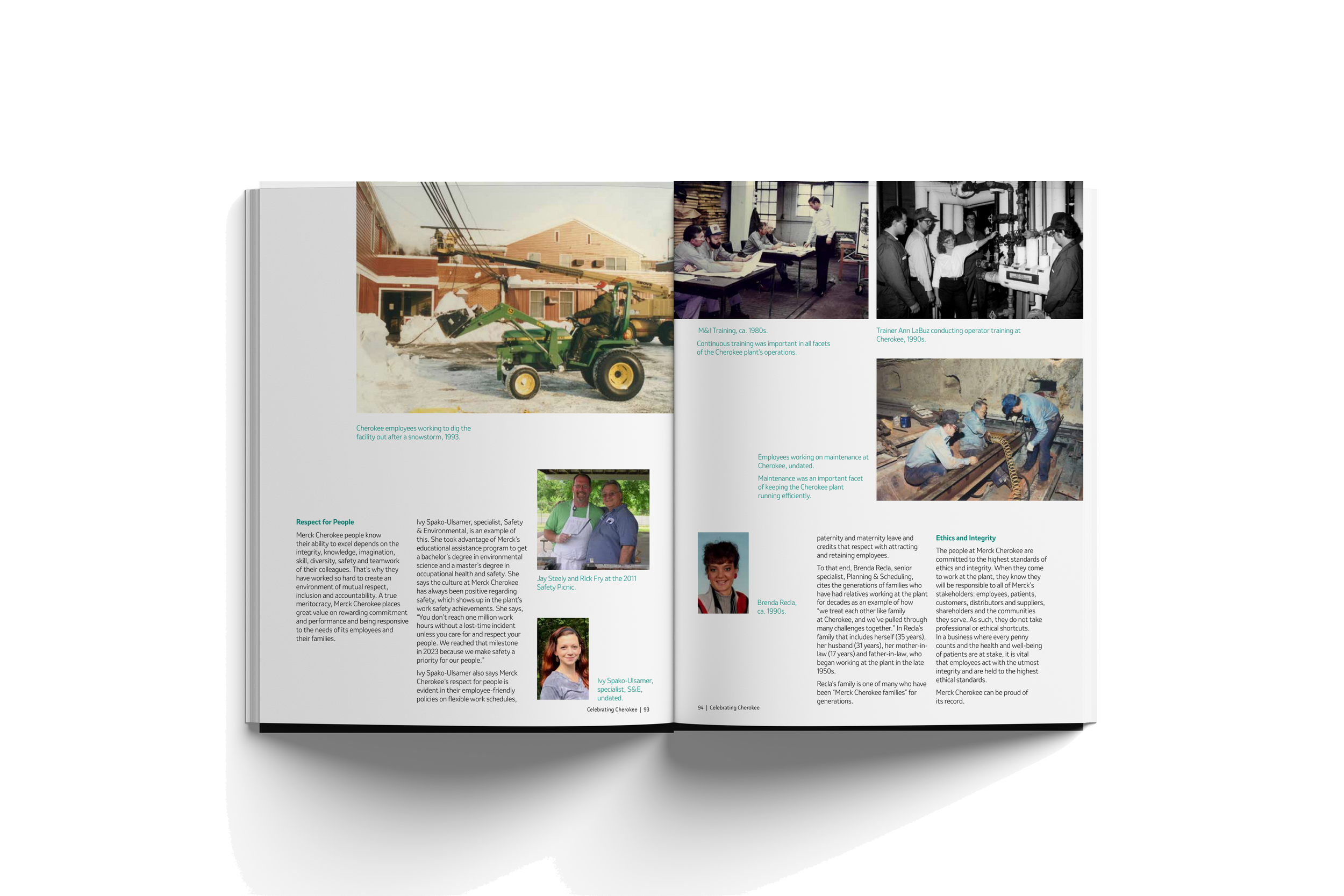 Open magazine showing photos of Cherokee employees working, training, and in maintenance, with captions describing their activities and honoring family heritage.