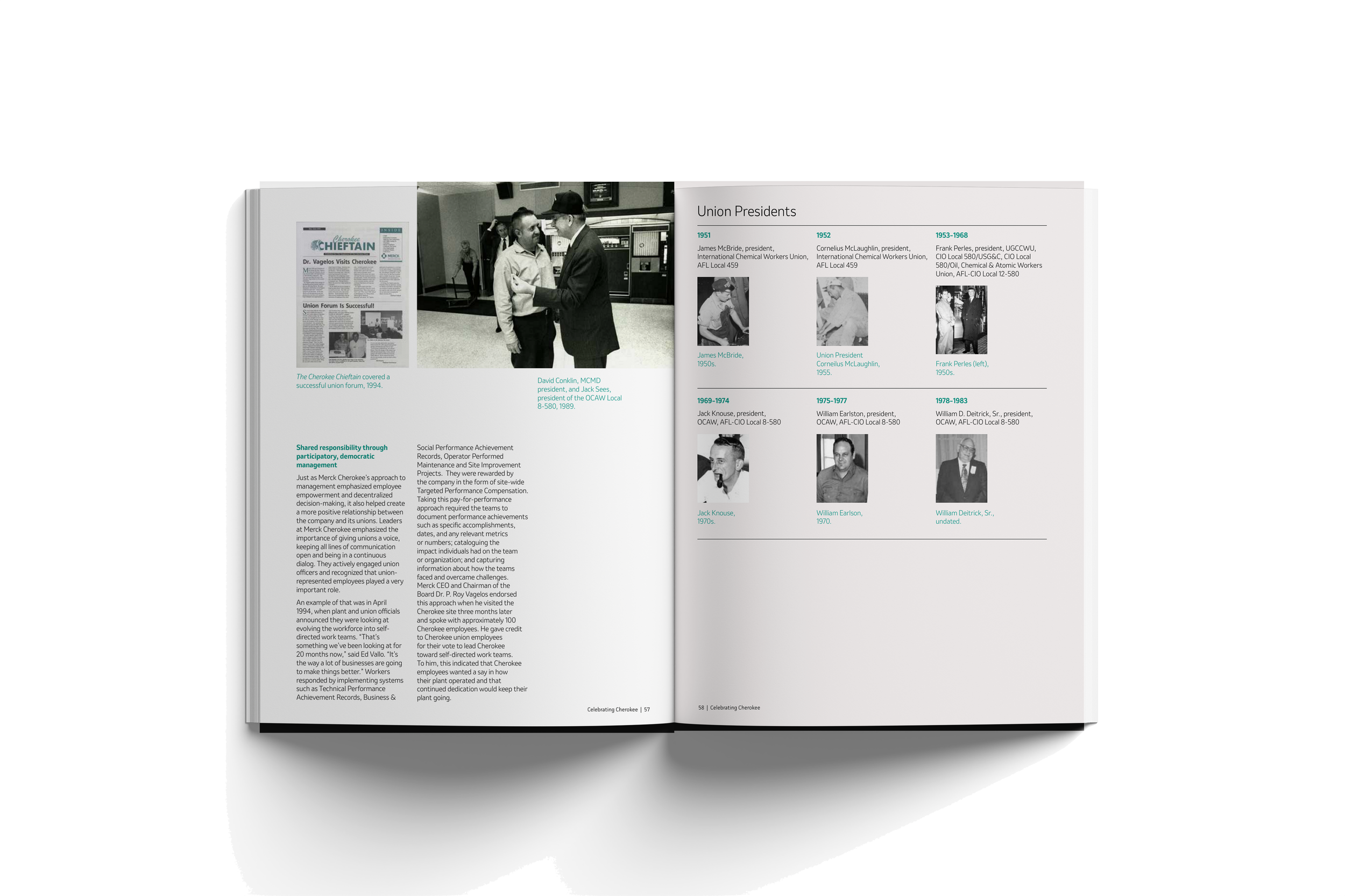 Open book showing a black and white photograph of two men shaking hands, one in uniform and the other in a suit, on the left page. The right page contains a timeline of union presidents with small photographs and text descriptions, covering the years