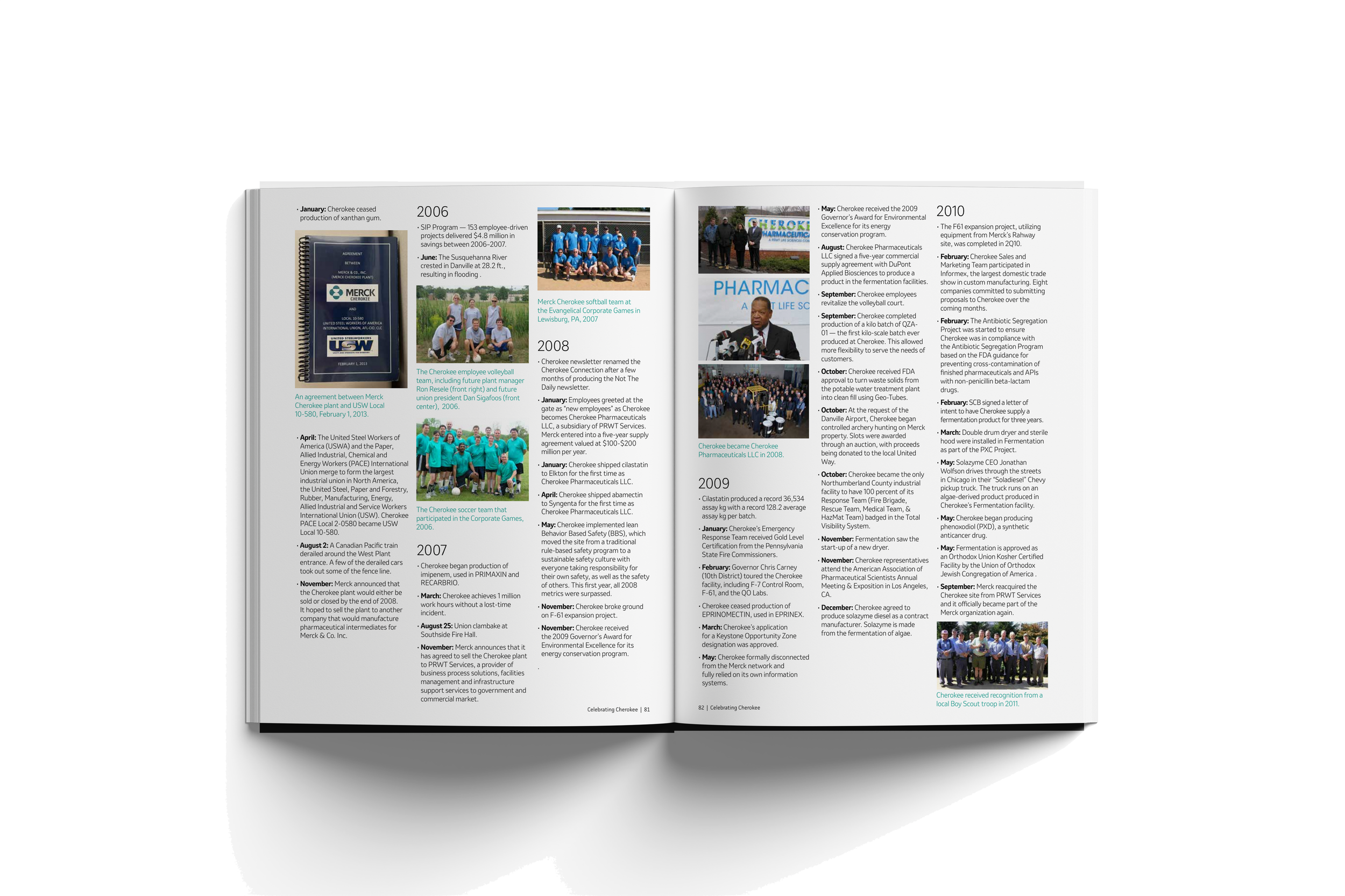 Open magazine with text and photos of Cherokee community events and achievements from 2006 to 2010.