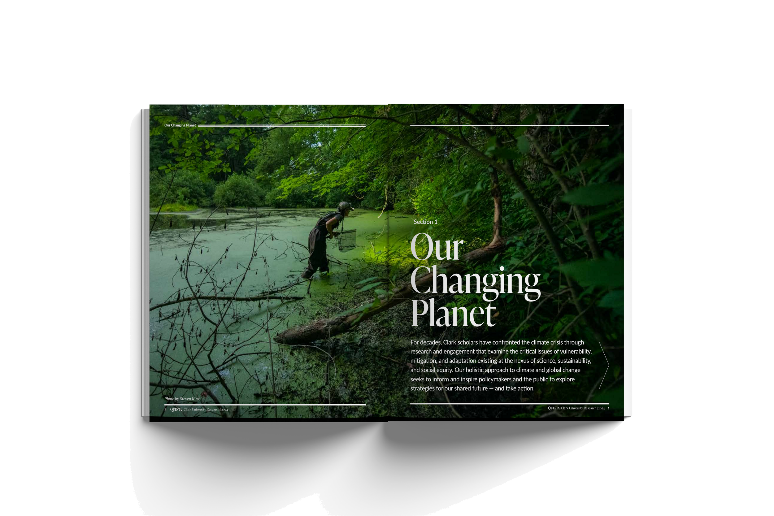 Open book or magazine displaying a nature scene with a person in waders examining a greenish pond surrounded by dense trees and foliage, titled 'Our Changing Planet'.