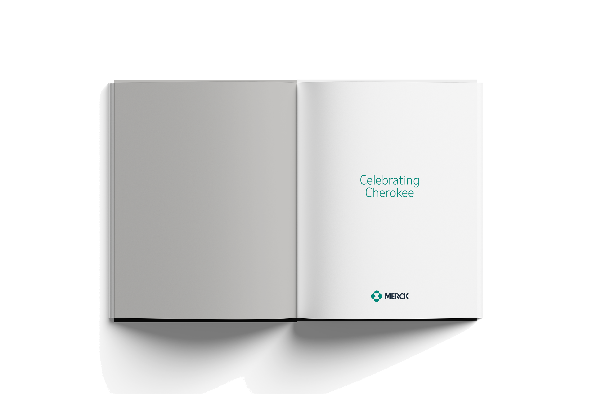 Open book with white pages on a grey background, titled 'Celebrating Cherokee' with the Merck logo at the bottom.