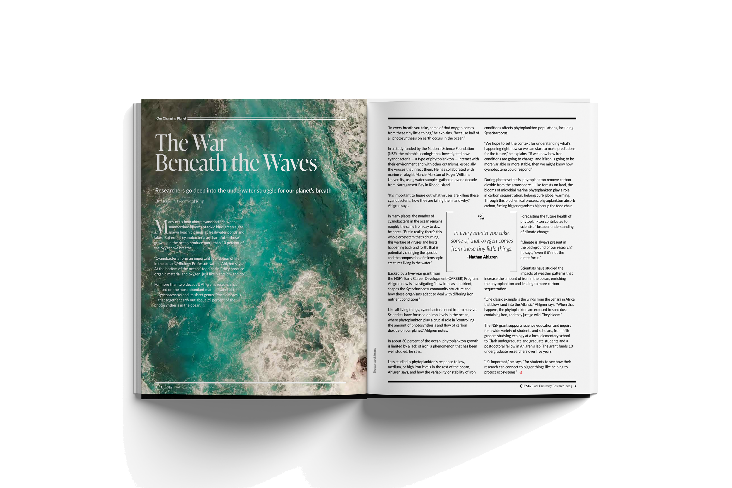 Open magazine with article titled "The War Beneath the Waves" about underwater struggle of marine life, featuring an aerial view of the ocean with visible waves and sea foam.