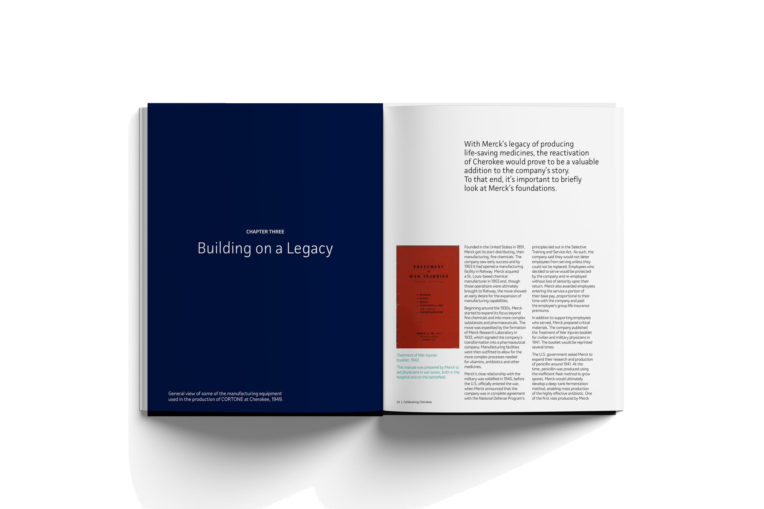 Open book showing chapter three titled 'Building on a Legacy' with text and images on both pages, including a red booklet and a blue section design.