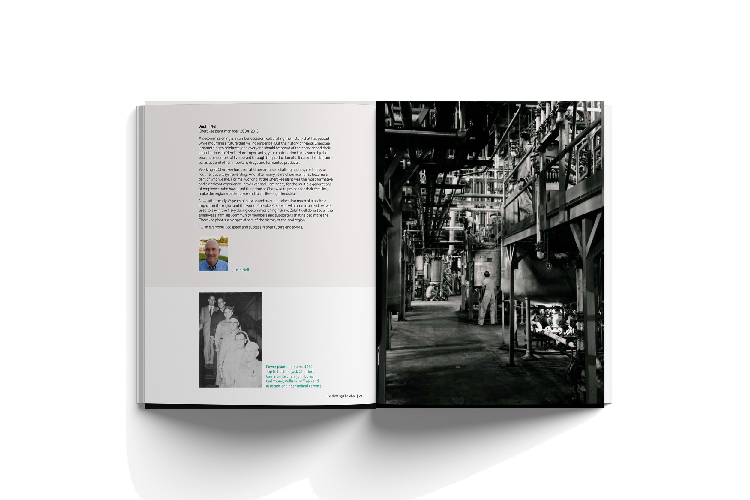 Open book with text, a color portrait photo of Justin Noll, and a black-and-white photo of a group of people in a factory or industrial setting, with pipes and machinery.