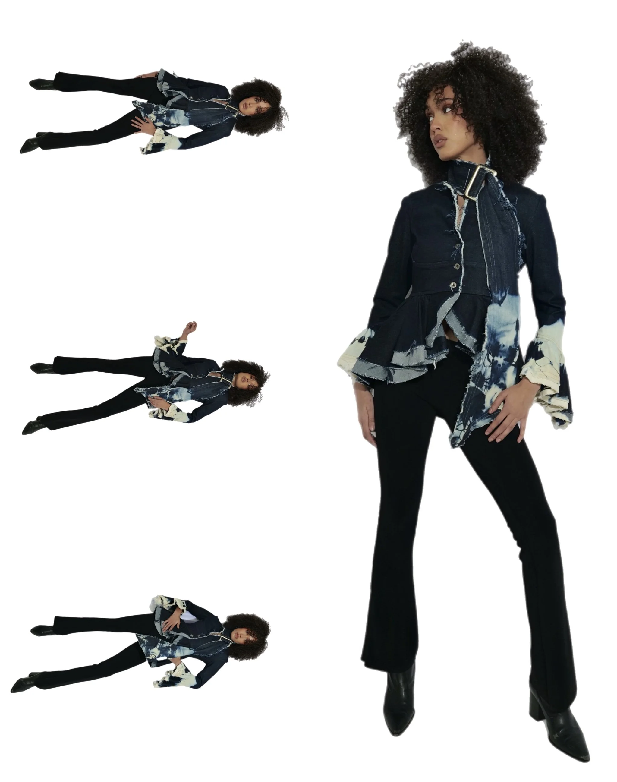 A woman with curly hair wearing a dark denim jacket with frayed edges, black pants, and black boots, posing with one hand on her hip and looking to the side, with three smaller mirrored images of her in different poses on a white background.