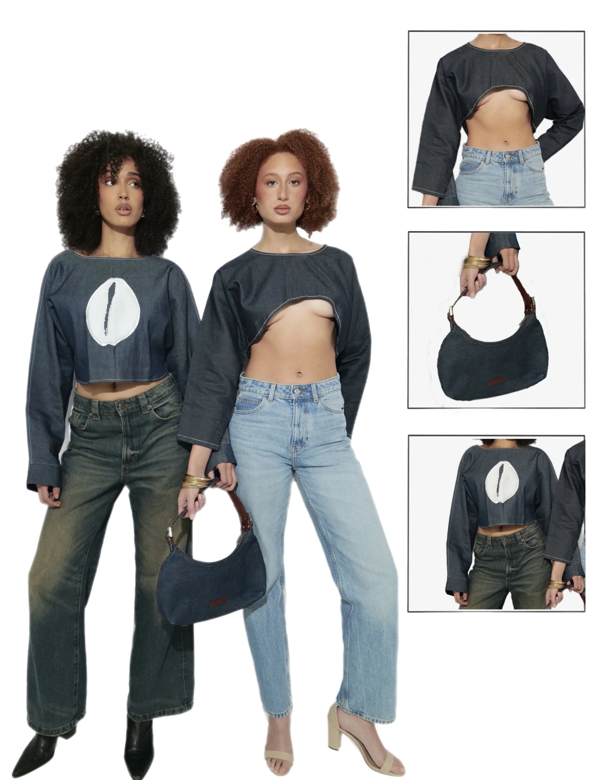 Two women standing against a plain white background, wearing fashion-forward, dark gray cropped denim tops with one featuring a large white graphic on the front. One woman is wearing high-waisted greenish-black jeans with black ankle boots, and the o