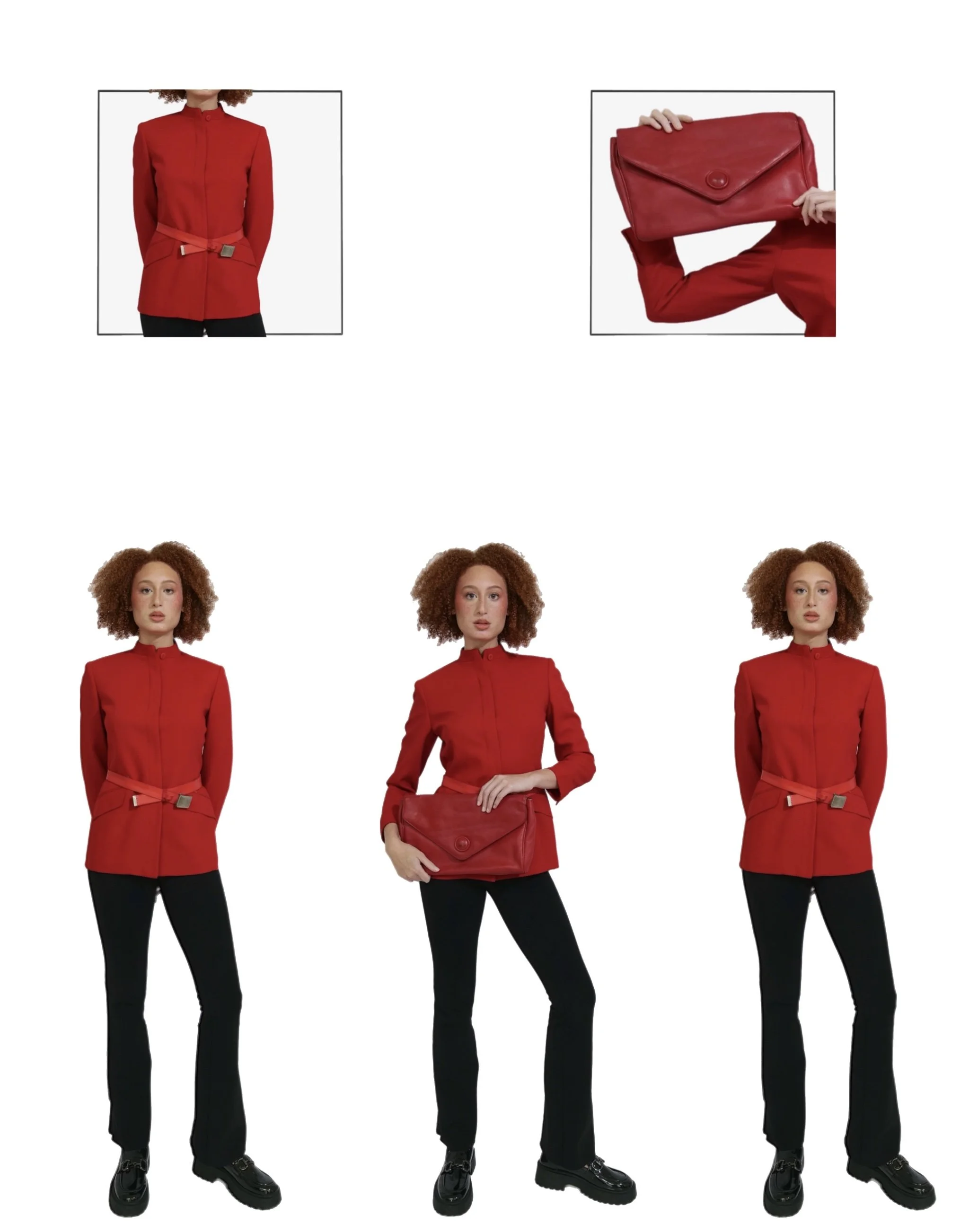 A woman with curly hair wearing a red jacket, black pants, and black shoes, holding a red clutch purse in different poses.