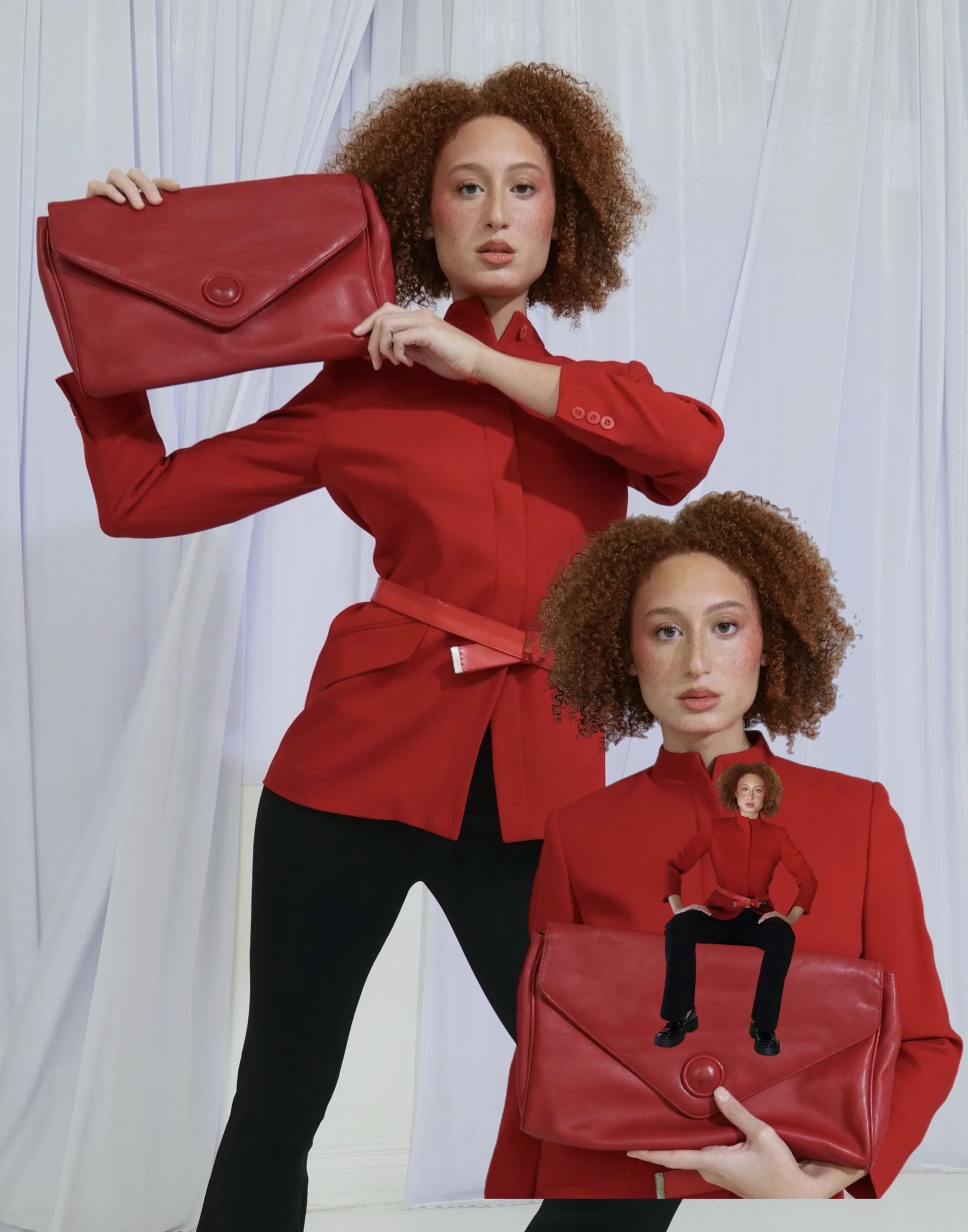 Two women in red jackets with curly hair, one standing and holding a red clutch, the other sitting with a smaller version of herself on top of the clutch.