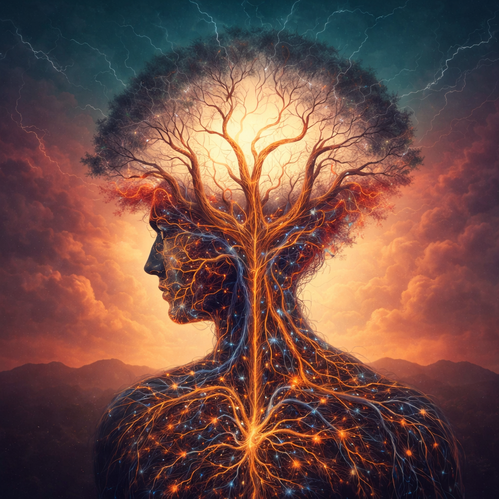 An artistic illustration of a human profile with a tree growing from the head, representing interconnectedness of the mind, brain, and nature, with glowing neural-like branches and roots against a stormy sky.