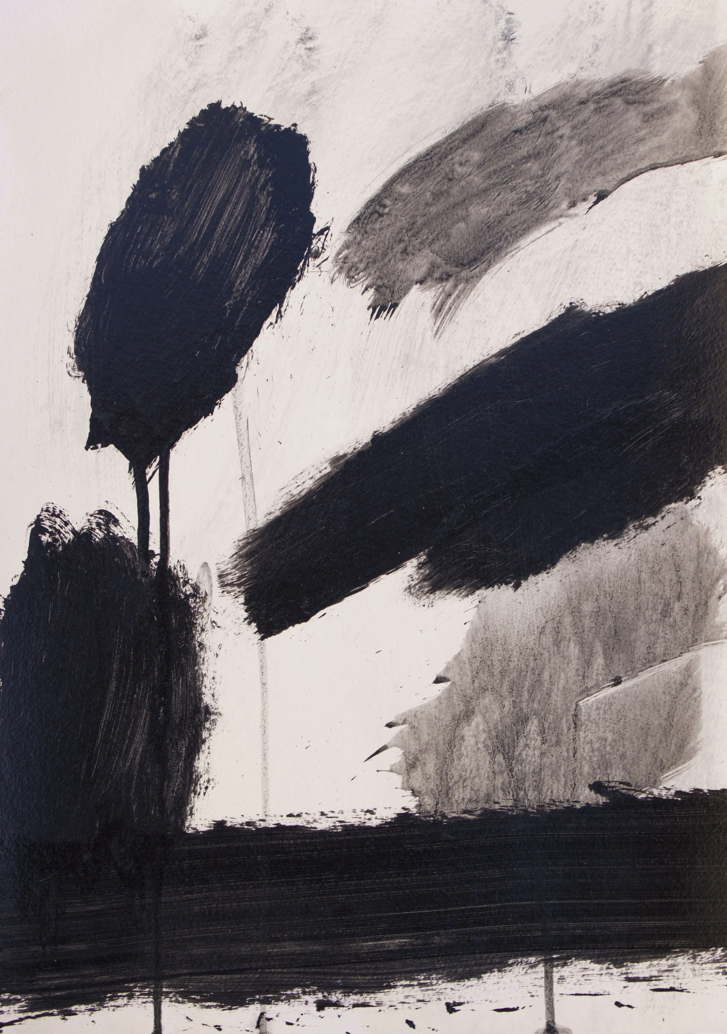 Abstract black, gray, and white ink brush strokes on paper.