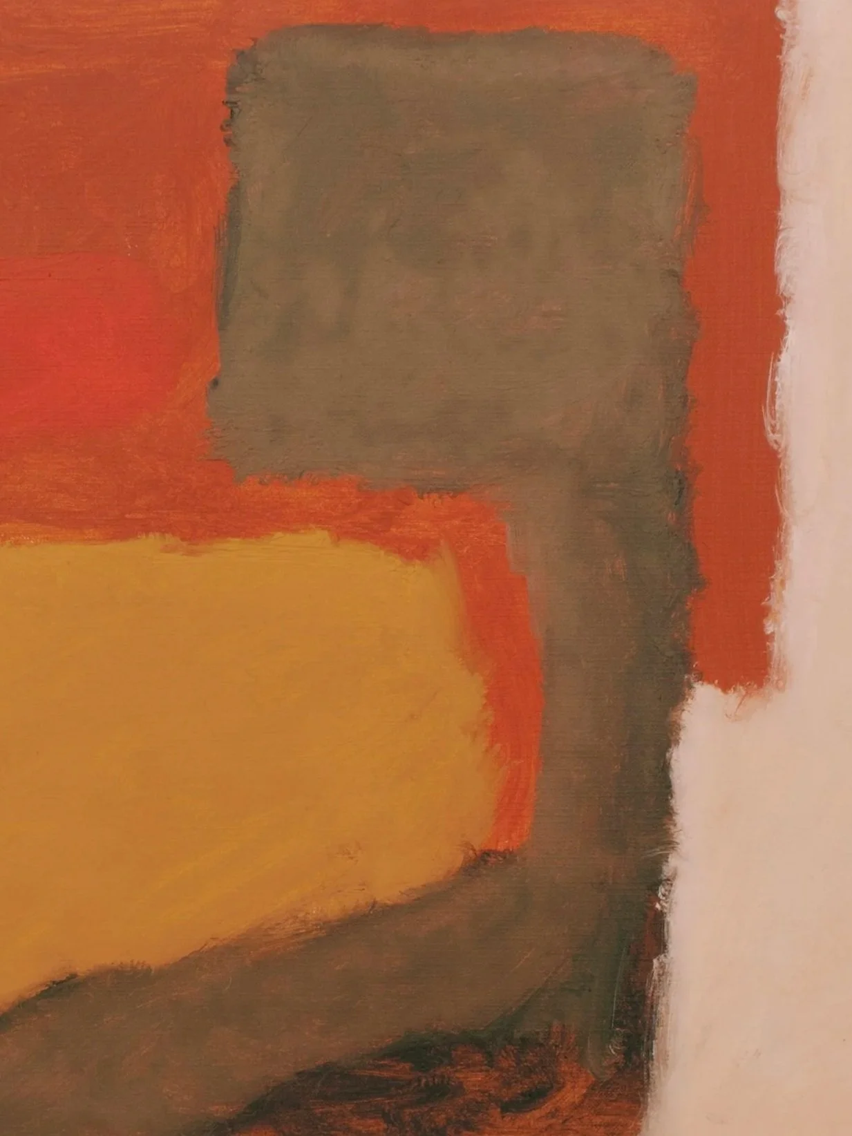 Abstract painting with large blocks of dark gray, orange, and yellow colors.