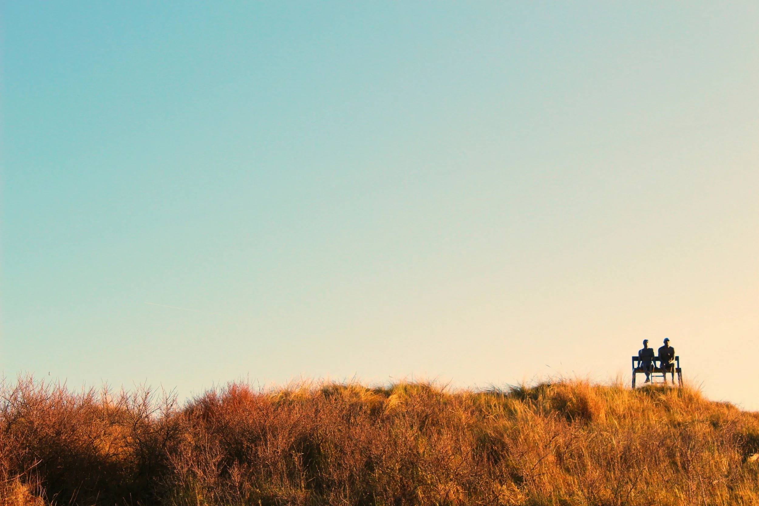 Two people sitting on a bench atop a grassy hill during sunset.