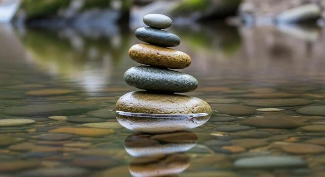 Stack of seven smooth stones balanced on top of each other in a calm river with a blurry background of rocks and greenery.