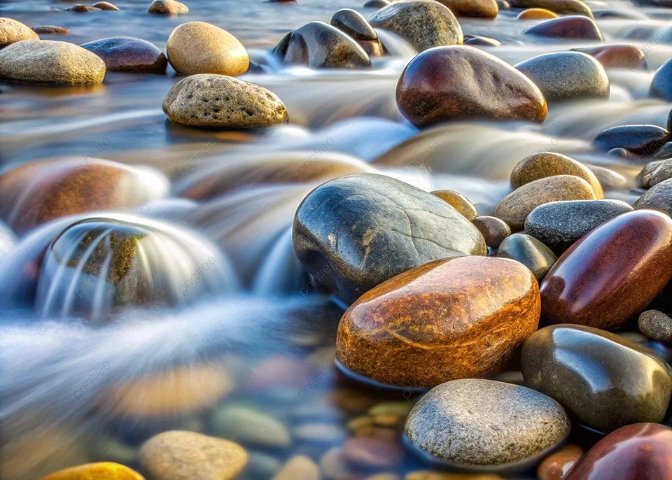 Close-up of colorful smooth pebbles and rocks in a flowing river, with water creating a silky effect.