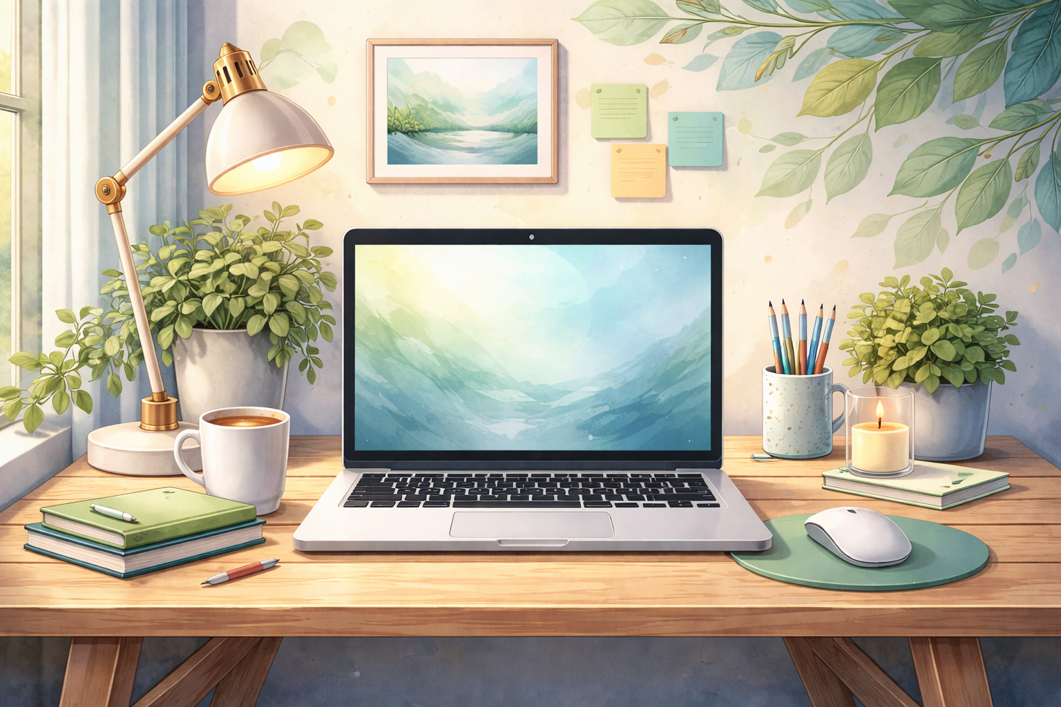 A tidy wooden desk with a laptop, a white mouse on a green mousepad, a cup of coffee, a stack of two green and blue notebooks, a pen, a white mug, a desk lamp, potted plants, a lit candle, and a container holding colored pencils. The background includes a window, framed wall art, and sticky notes on the wall.