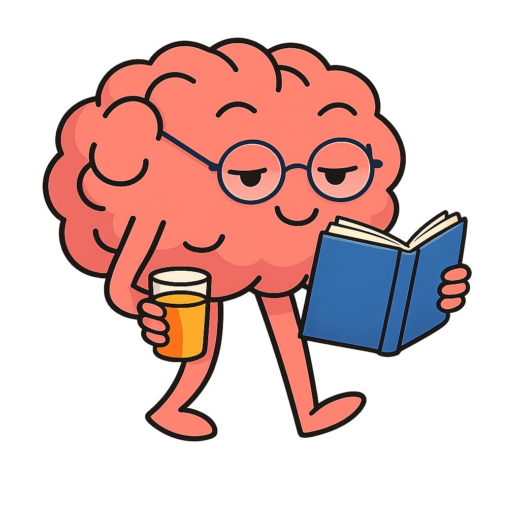 Cartoon brain character with glasses, reading a blue book, holding a glass of beer, smiling