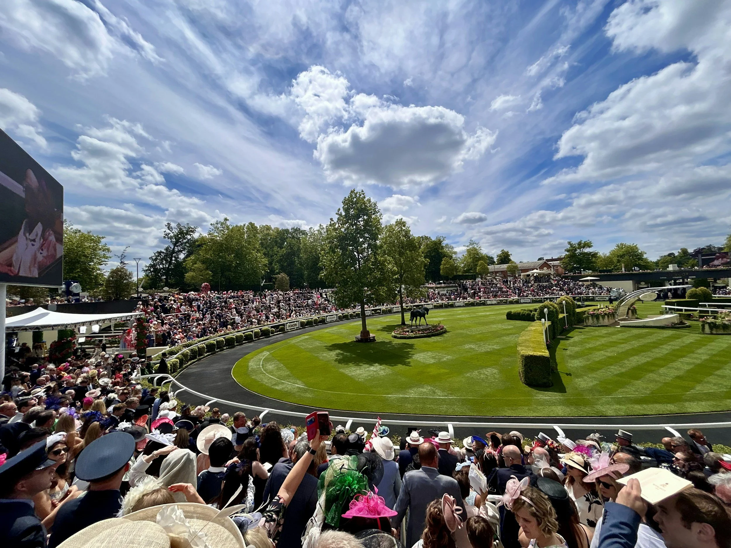 Crowd of people watching a horse race at an outdoor racetrack under a partly cloudy sky with green trees and buildings in the background.