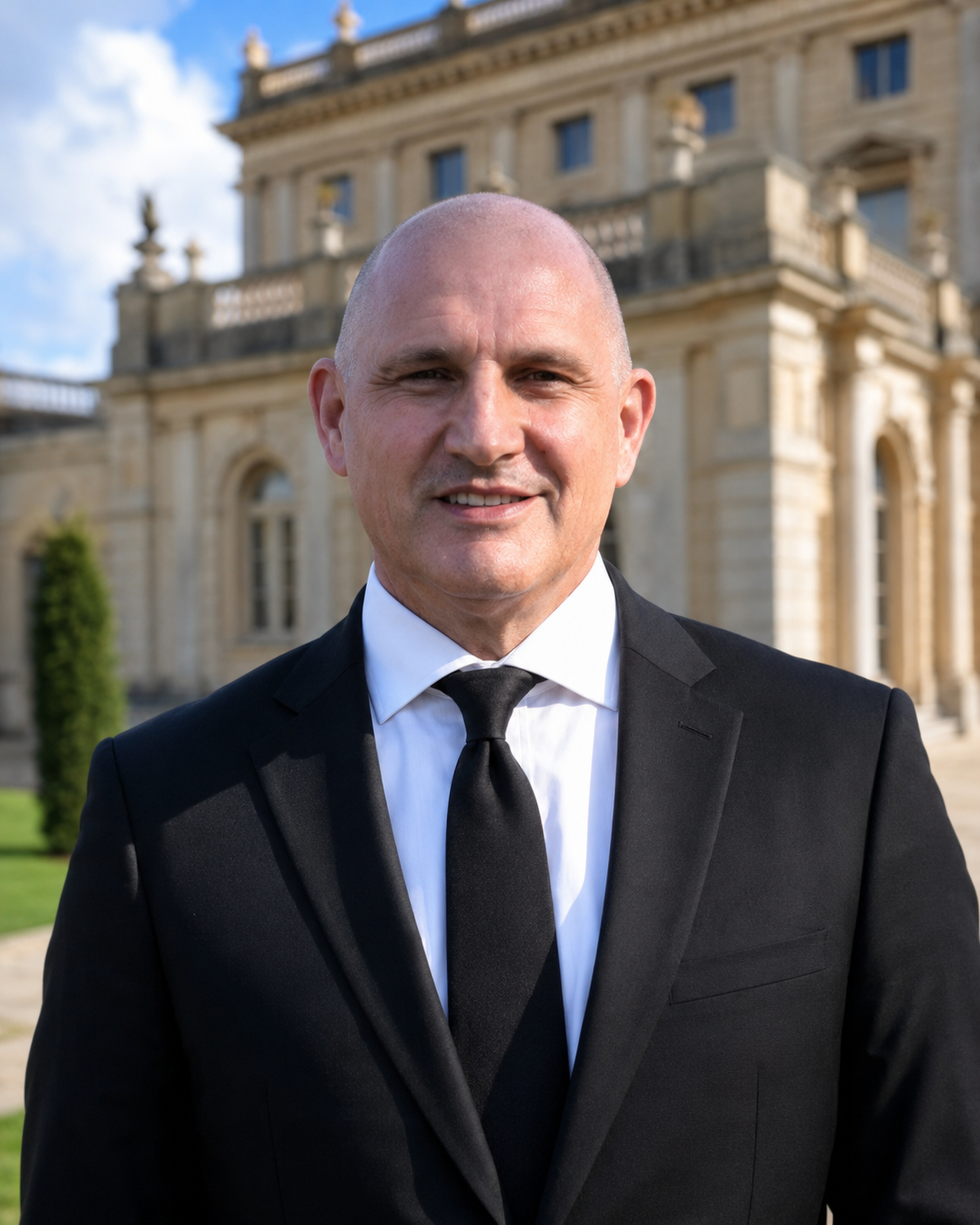 A bald man in a black suit and tie standing outdoors in front of a historic building with ornate architecture and blue sky.