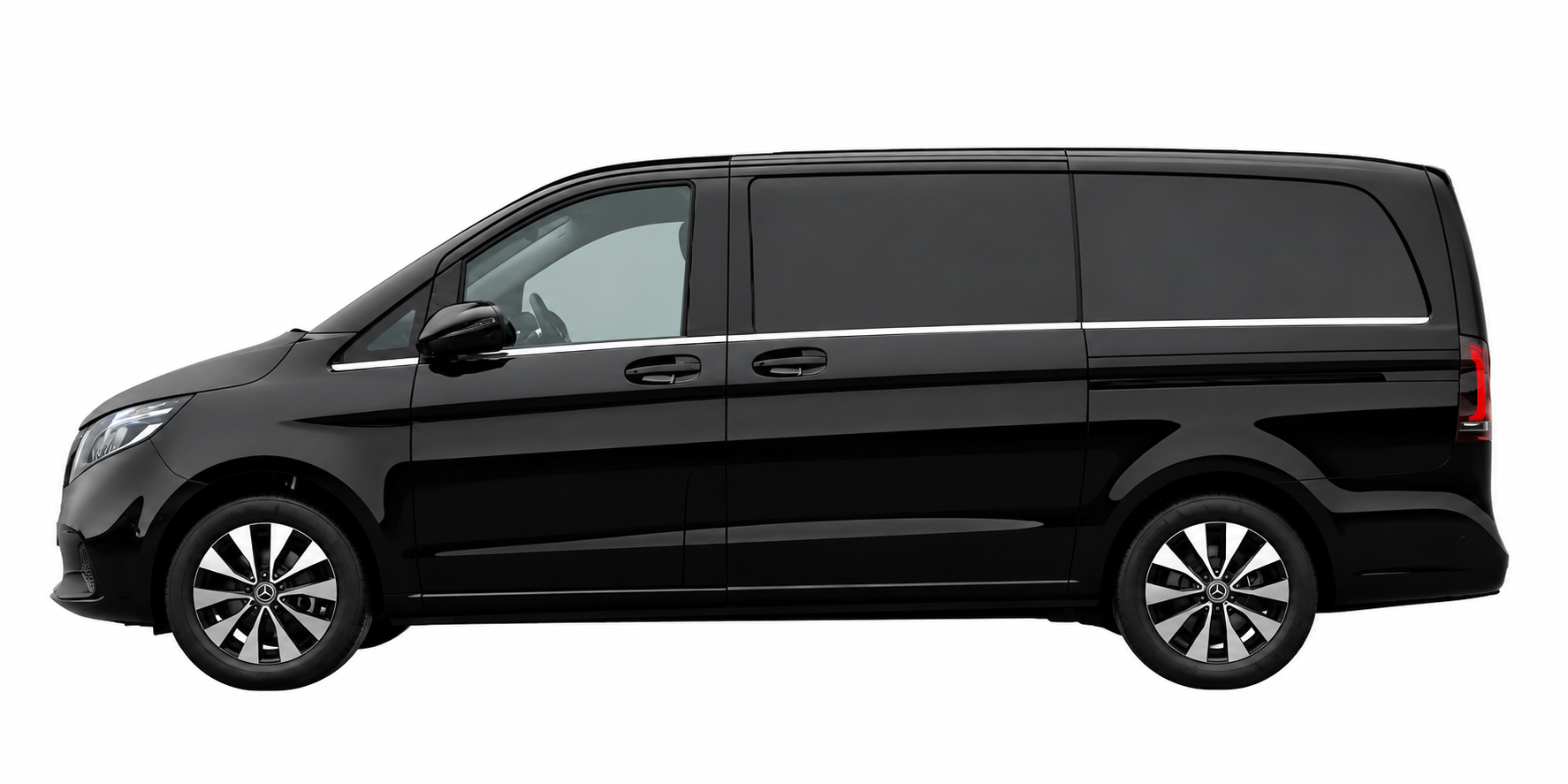 Black Mercedes-Benz cargo van with tinted windows and silver trim on a plain white background.