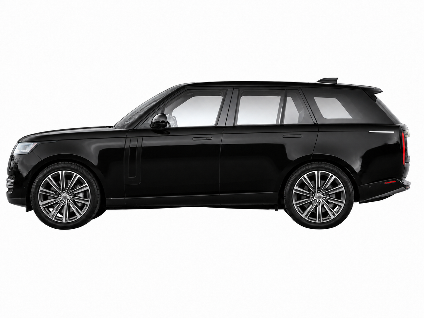 Black luxury SUV with large alloy wheels, side mirrors, and tinted windows, viewed from the side against a plain white background.